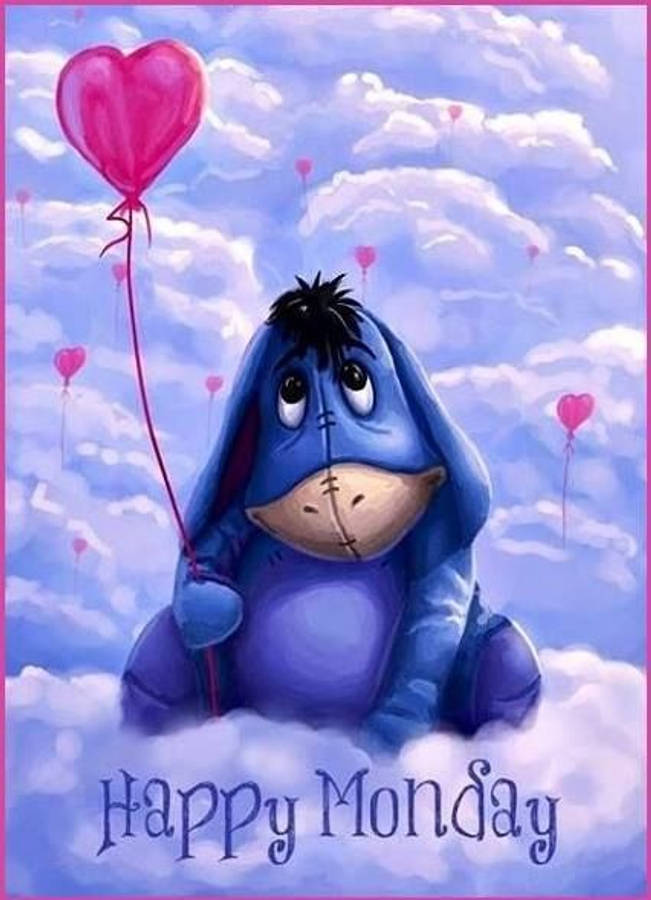 Happy Monday 桌布 壁紙 — Eeyore 坐在 fluffy 雲中，拿著一個粉紅色心形氣球，周圍有其他漂浮的心形，在柔和的藍天下。