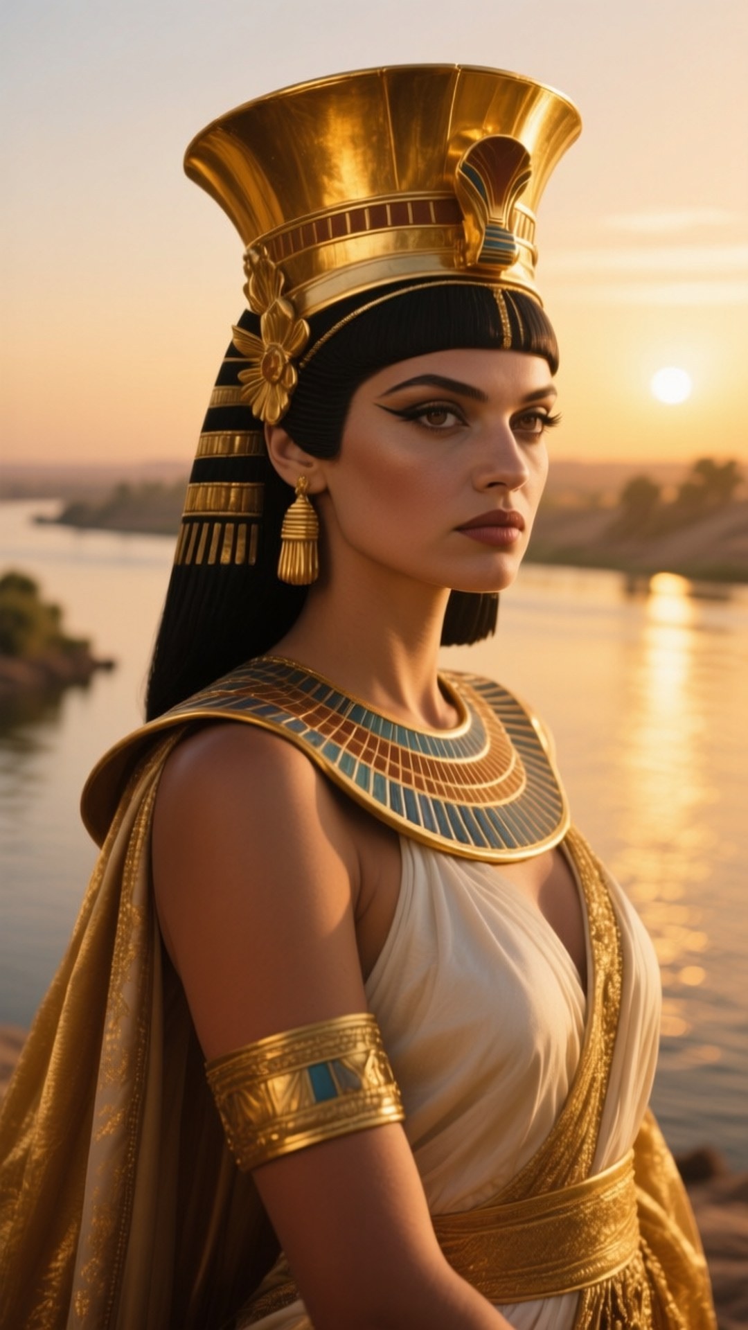 Cleopatra by the Nile 壁紙 — 一位埃及女王，頭戴金色頭飾，佩戴華麗珠寶，在日落時分站在河邊，溫暖的光芒照耀著。