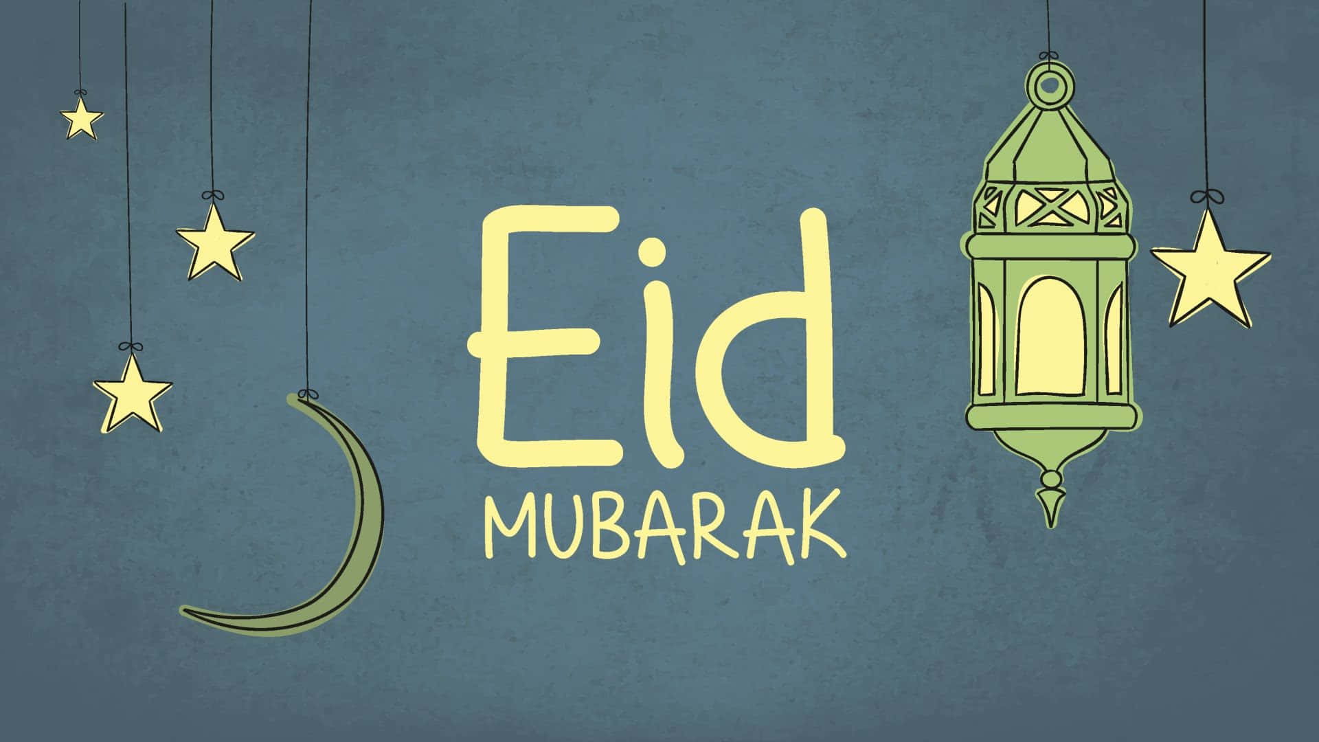 Eid 桌布 壁紙 — Eid Mubarak 文字以黃色字體居中顯示在帶有紋理的藍色背景上，背景上懸掛著星星、月亮和燈籠。