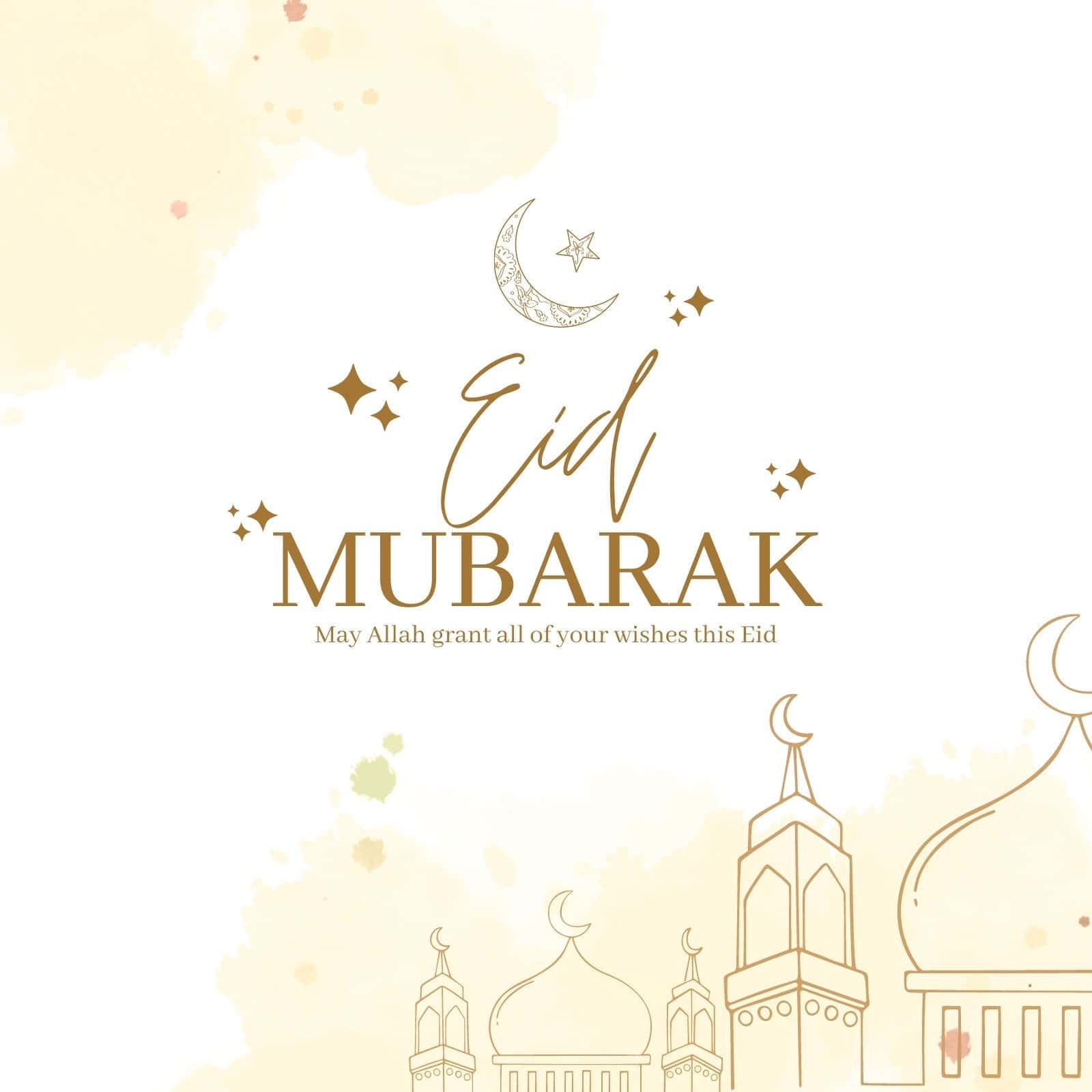 Eid Mubarak 桌布 壁紙 — Eid Mubarak 賀卡，金色新月星星和清真寺剪影在柔和的水彩背景上。
