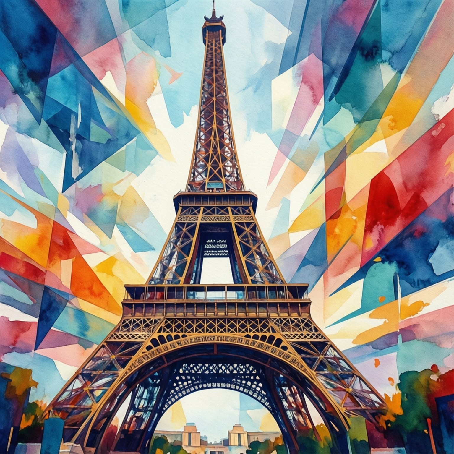 Eiffel Abstract Art 壁紙 — 艾菲爾鐵塔在充滿幾何色彩碎片的鮮豔抽象水彩天空中高高聳立。