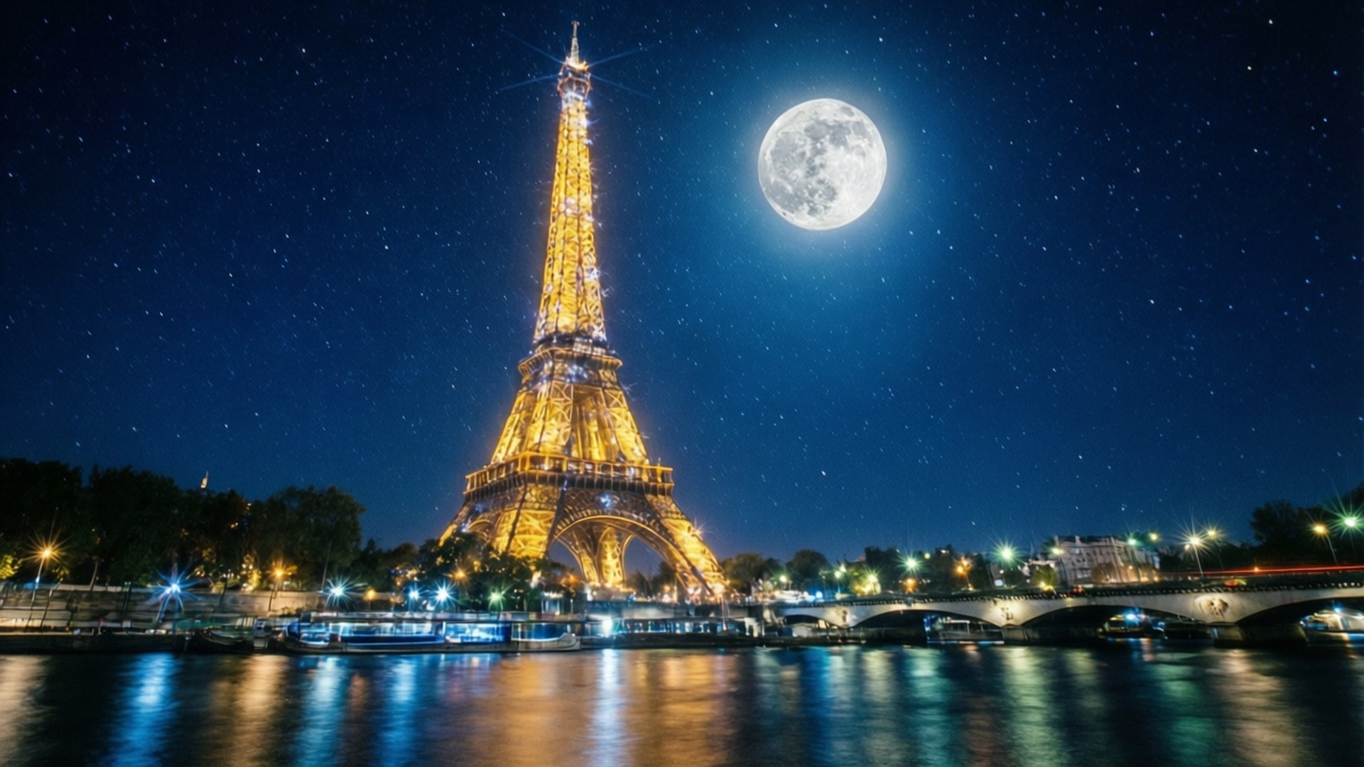 Paris Night Lights 壁紙 — 艾菲爾鐵塔在滿月下閃耀金光，映襯著繁星點點的夜空，塞納河上倒影粼粼。
