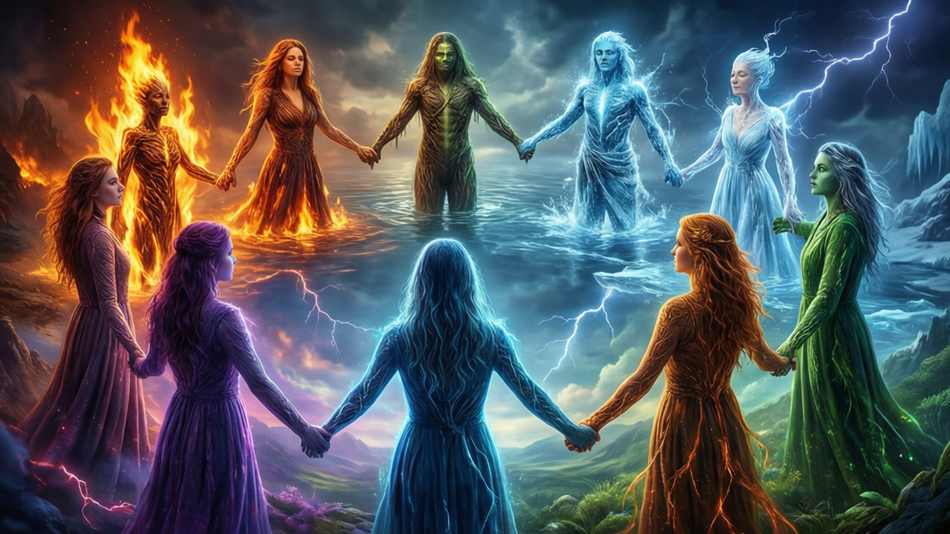 Elemental Sensates 壁紙 — 八位元素女神身穿飄逸長袍，在風暴景觀中手牽手圍成一個圓圈，周圍環繞著火、閃電、水和土元素。