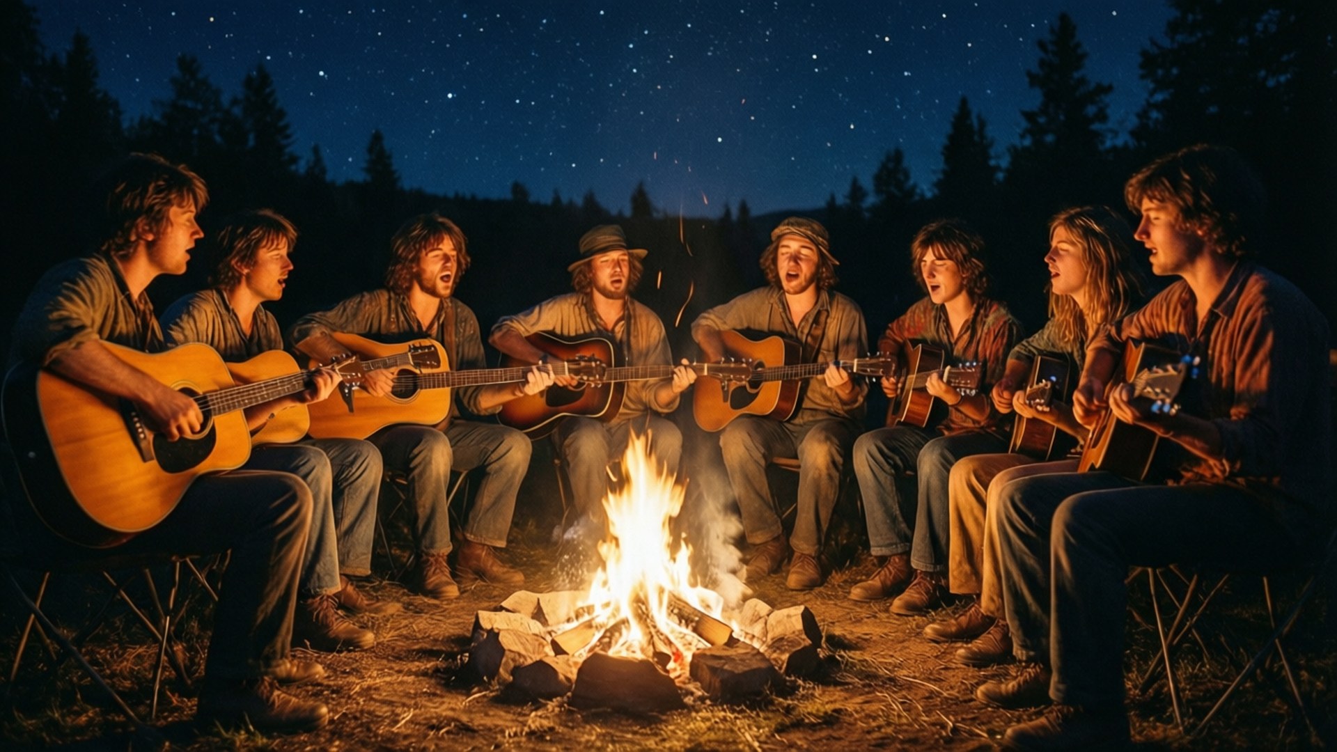 Woodstock Campfire Jam 壁紙 — 八位音樂家手持木吉他，在森林中繁星點點的夜空下，圍著熊熊營火歌唱。