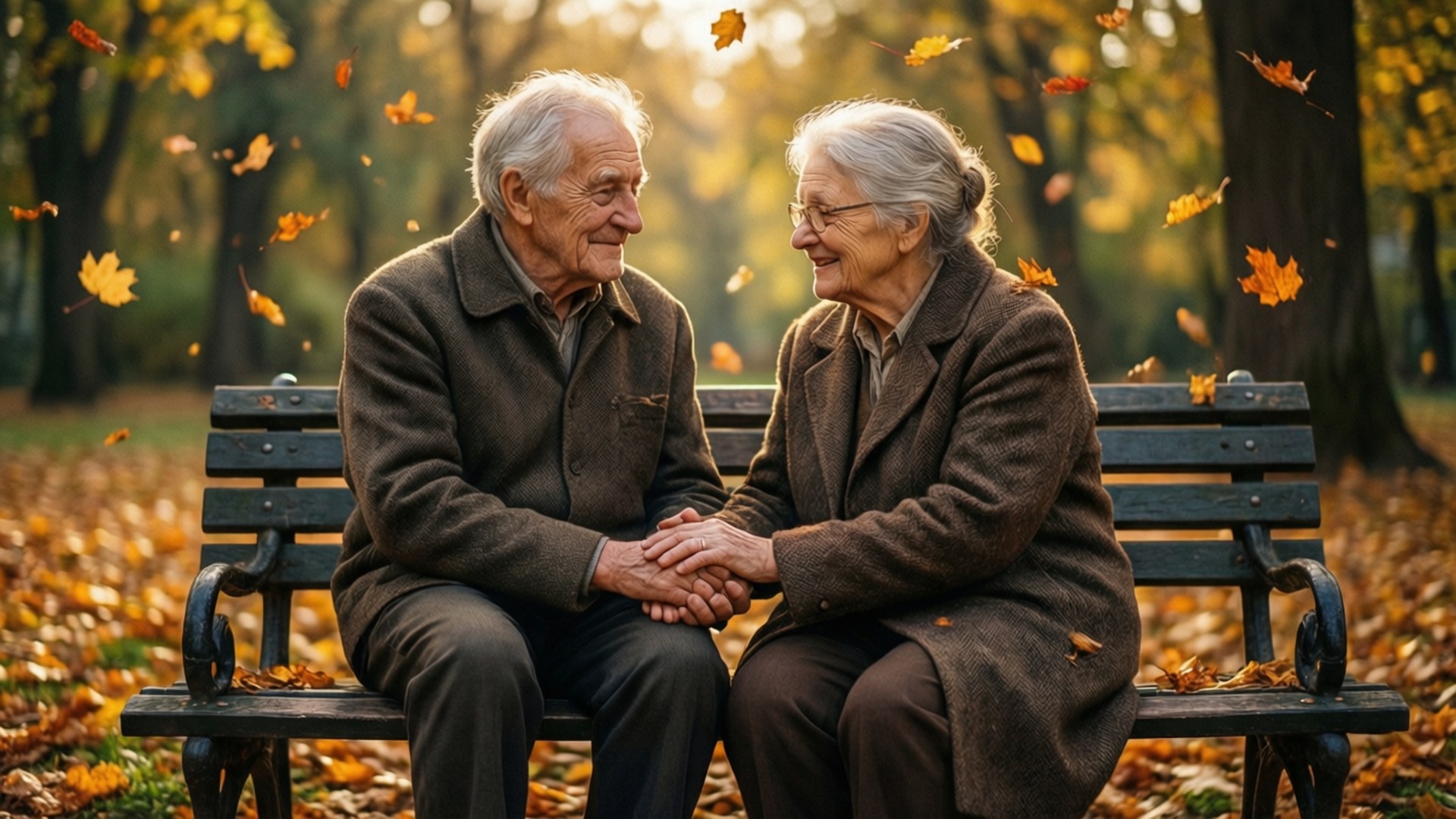 Eternal Love Autumn 壁紙 — 一對老夫婦在公園長椅上牽手微笑，溫暖的畫面中，金色的秋葉在他們周圍旋轉。