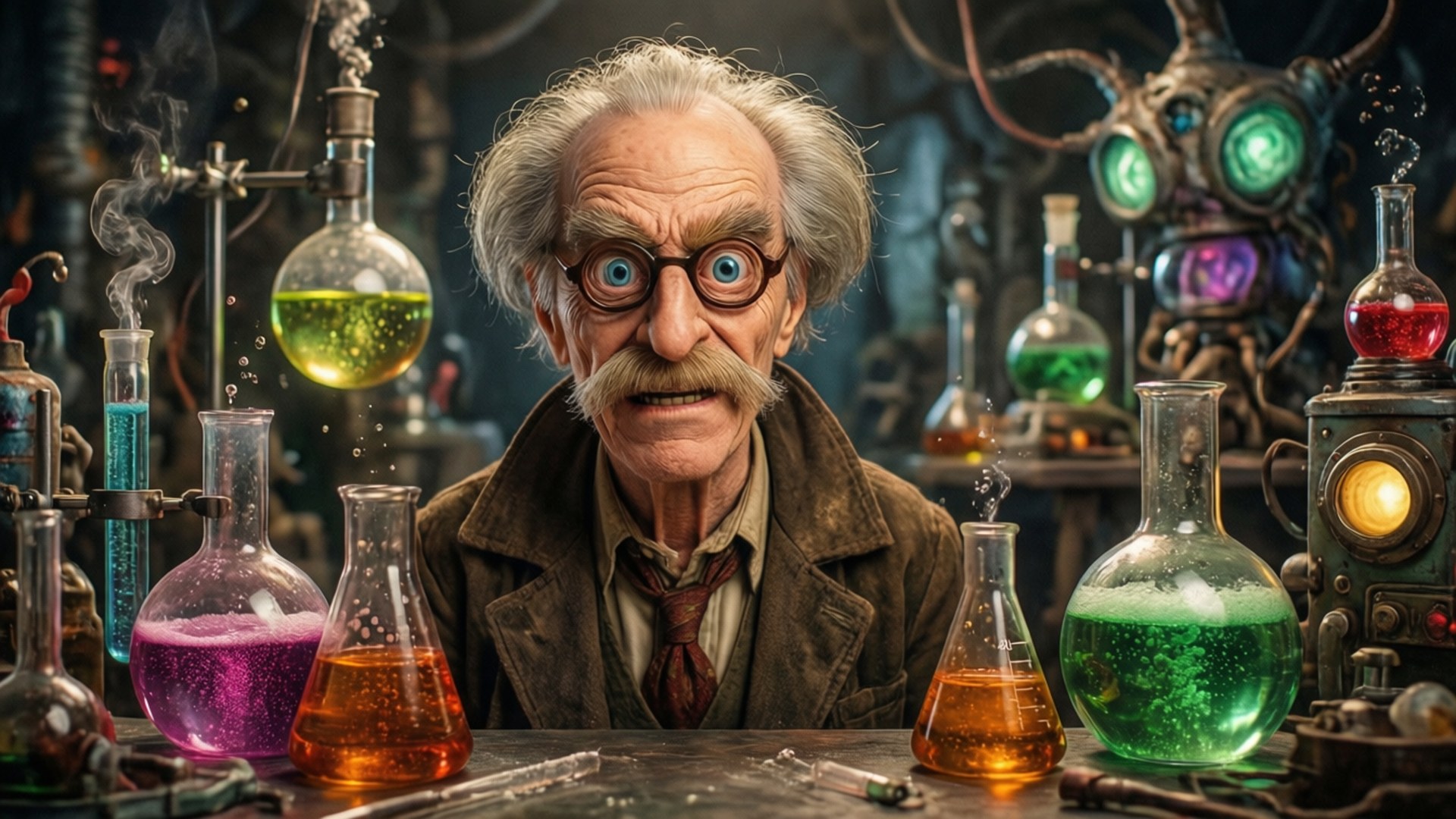Inventor's Lab 壁紙 — 一位年老的瘋狂科學家，頭髮凌亂，戴著眼鏡，從堆滿冒泡彩色藥水和蒸氣龐克機器的雜亂實驗桌後方凝視著。