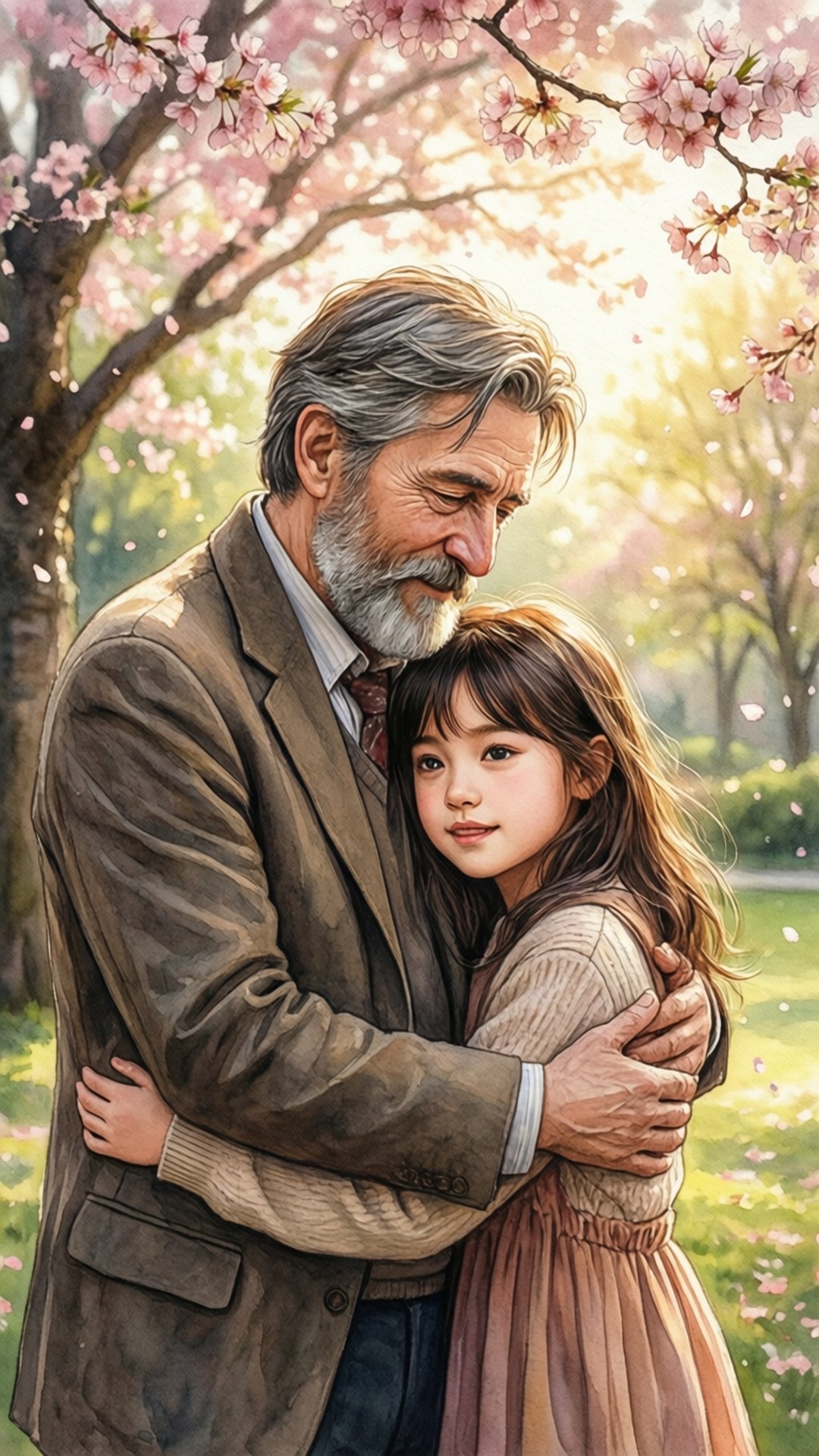 Father's Love 壁紙 — 一位留著灰色鬍鬚的長者，在柔和陽光下，於盛開的粉紅櫻花樹下擁抱一位小女孩。
