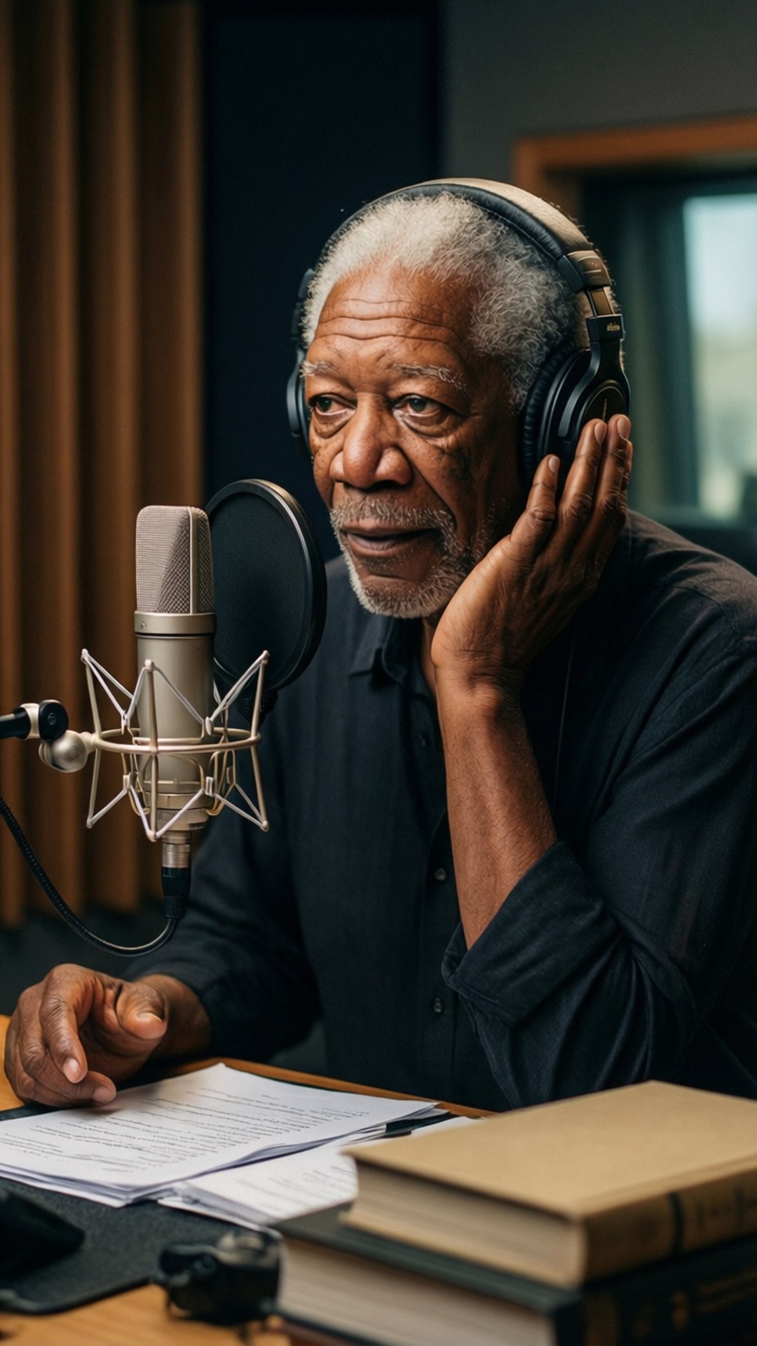 Voice of Wisdom 壁紙 — 一位白髮老人戴著耳機坐在桌前，調整耳罩的同時對著專業麥克風說話，周圍擺滿了書籍和劇本。