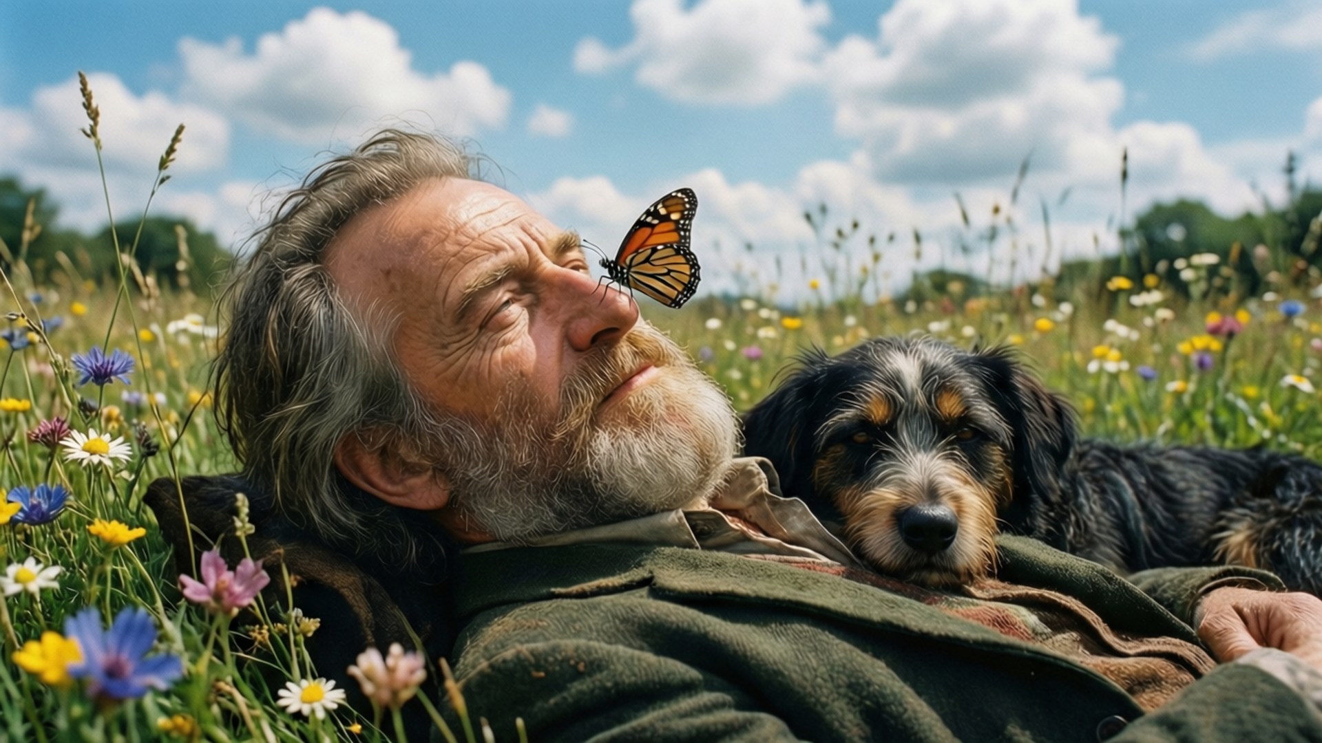 Wildflower Serenity 壁紙 — 一位留著白鬍子的老人平靜地躺在陽光明媚的草地上，一隻帝王蝶停在他的鼻子上，旁邊是他正在睡覺的狗。
