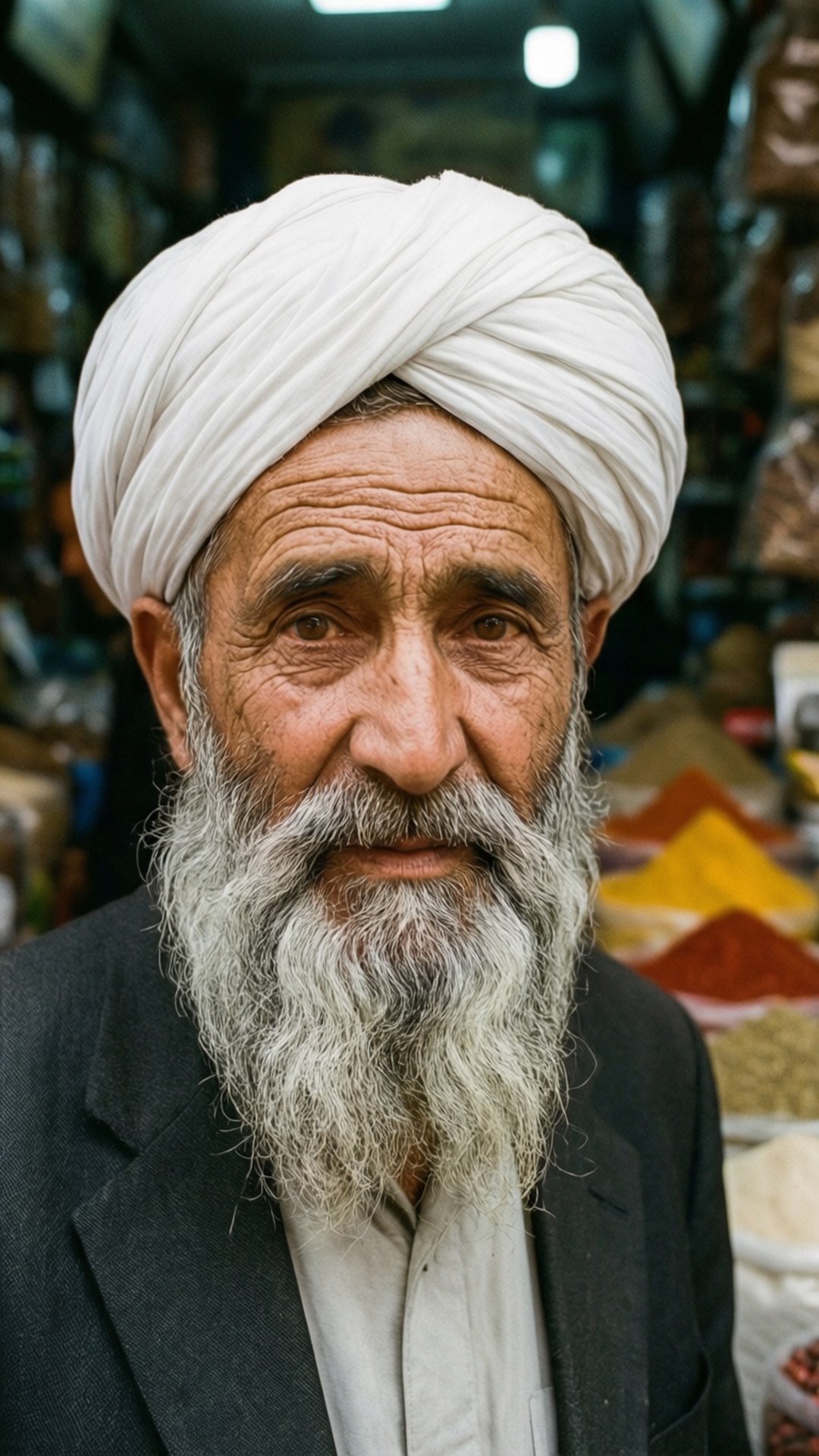 Elder of the Bazaar 壁紙 — 一位戴著白色頭巾、留著長灰鬍子的老人在香料市場平靜地凝視鏡頭。