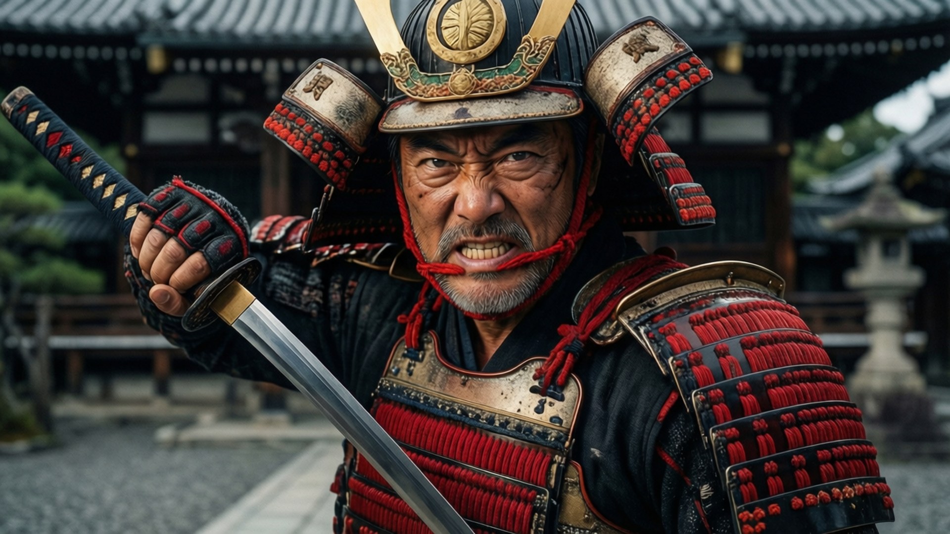 Savage Samurai 壁紙 — 一位身穿紅黑盔甲的年長武士，在傳統日本寺廟背景下，握著一把武士刀，表情兇猛。
