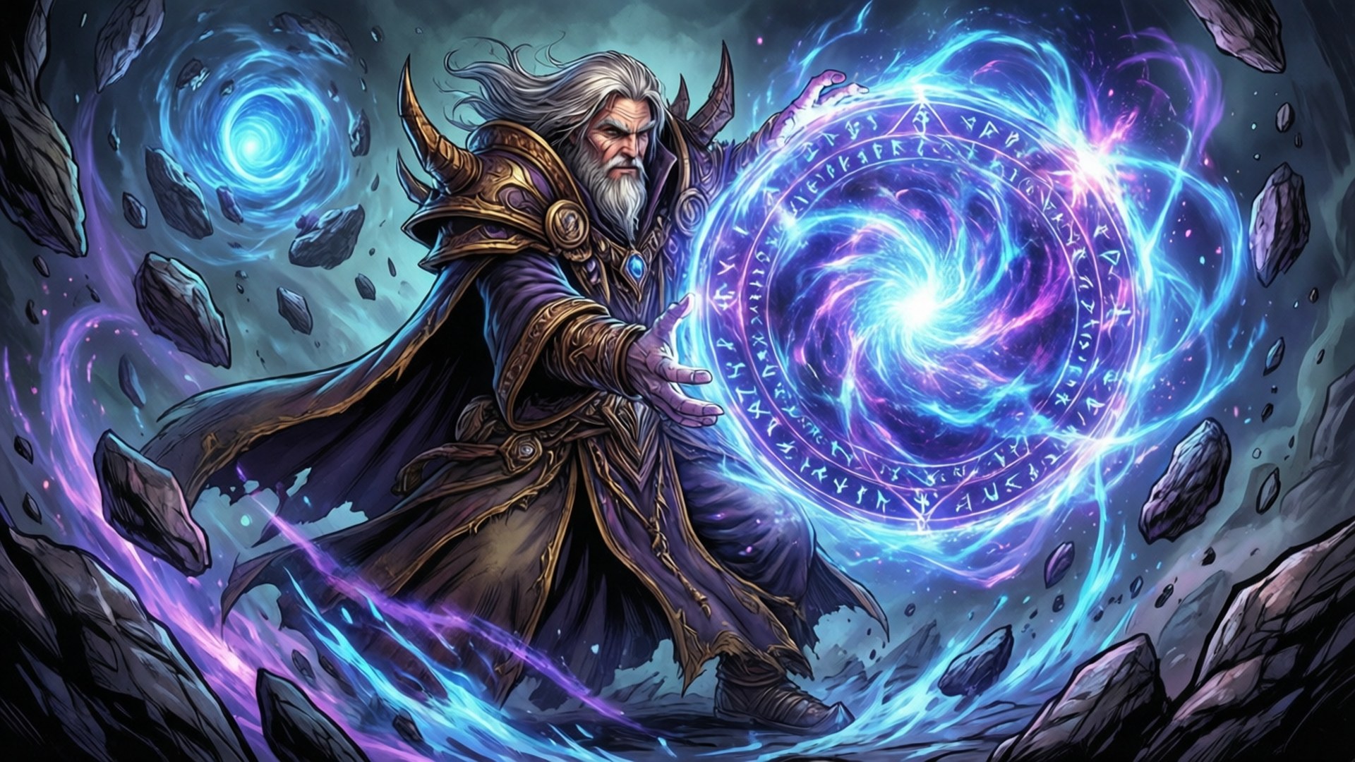 Wizard Arcane Power 壁紙 — 一位白髮長角的老巫師引導著一個旋轉的藍紫色魔法傳送門，周圍環繞著漂浮的岩石。