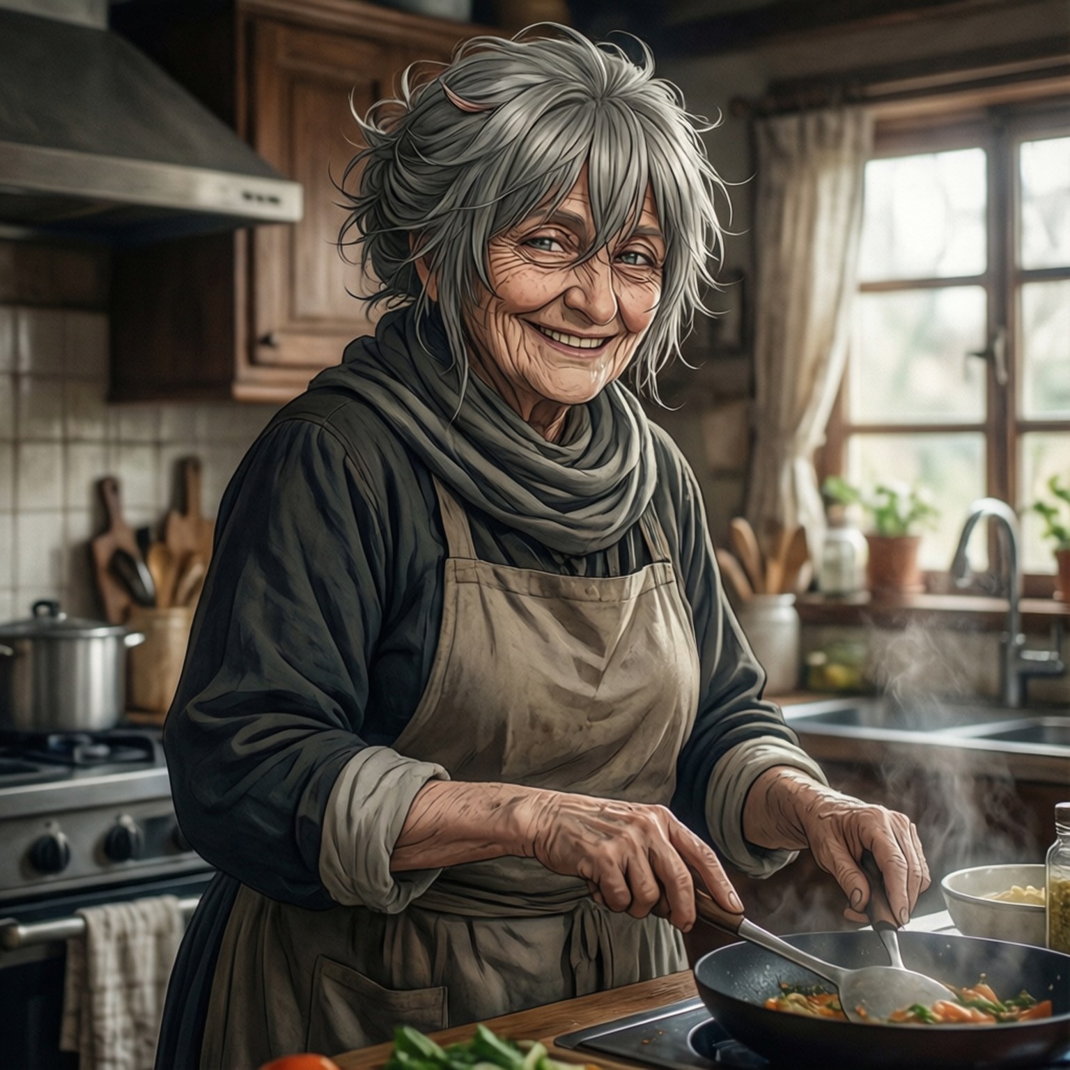 Zenith's Kitchen 壁紙 — 一位灰白頭髮的老婦人，在鄉村風格的廚房裡攪拌著冒著蒸汽的蔬菜鍋，露出溫暖的笑容。