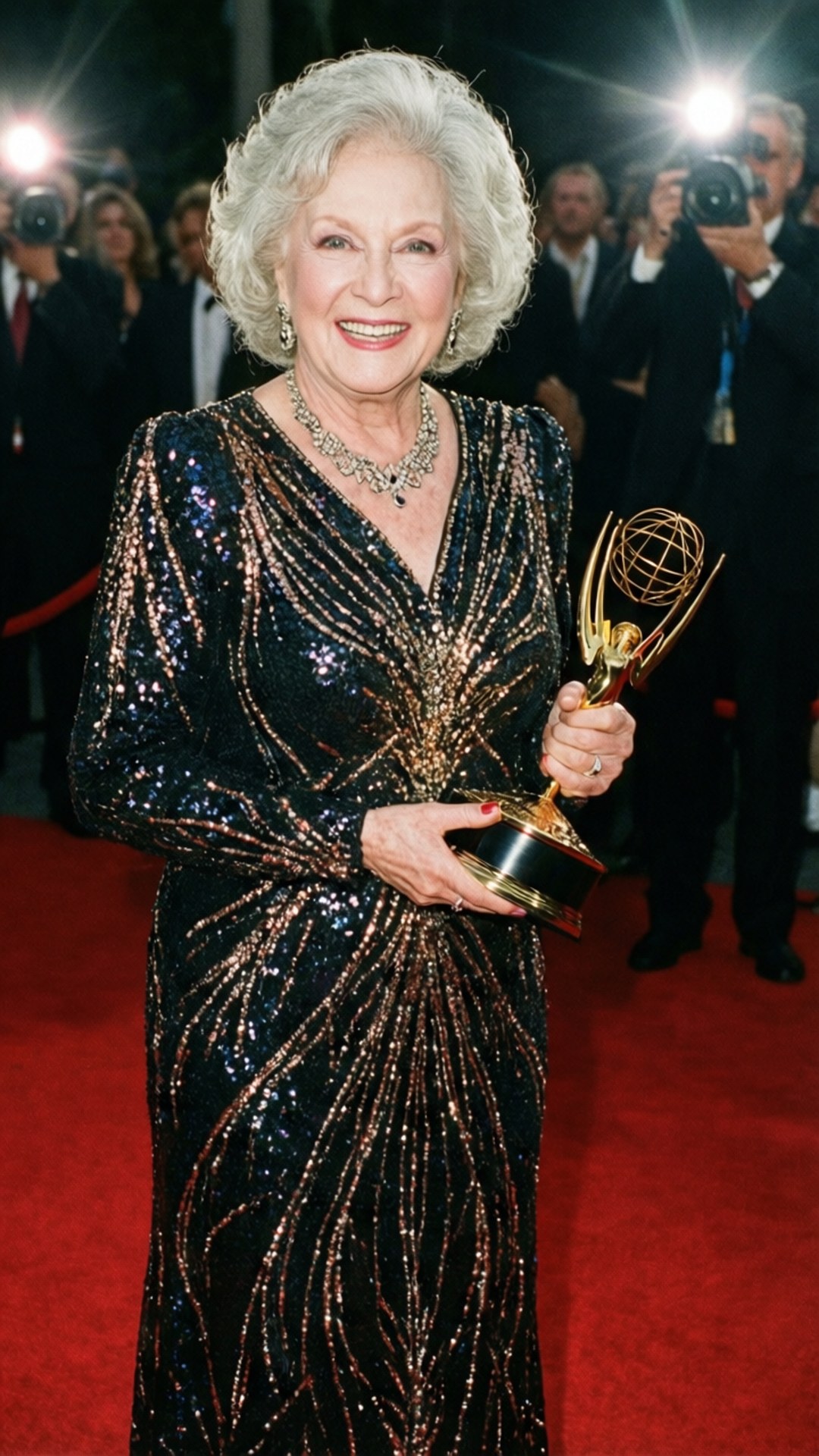 Emmy Award Glamour 壁紙 — 一位白髮老婦人穿著閃亮黑色長裙，在紅地毯上微笑著手持艾美獎。