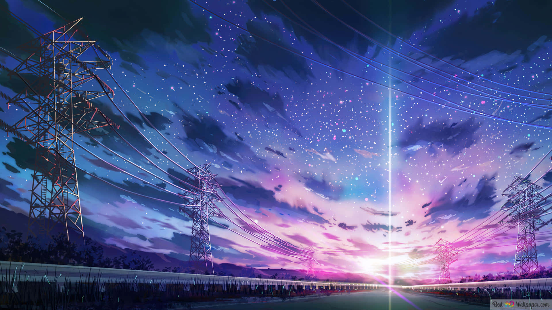 電塔在星空暮色天空下，帶有紫色、粉紅色和藍色色調。 — 動漫 4K 壁紙