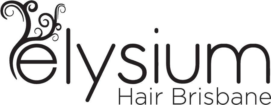 美髮沙龍 桌布 壁紙 — Elysium Hair Brisbane 的優雅黑色標誌，帶有華麗的漩渦和現代字體，背景簡潔。
