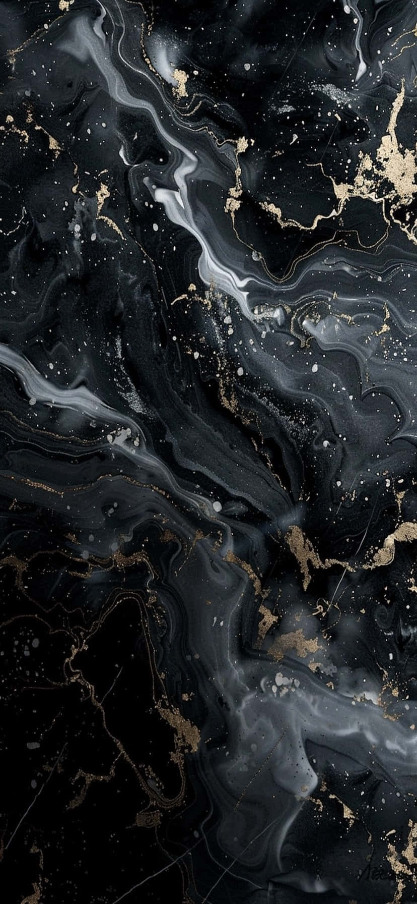  壁紙 — 優雅黑色大理石流動著銀色和金色紋理，營造出奢華抽象圖案。