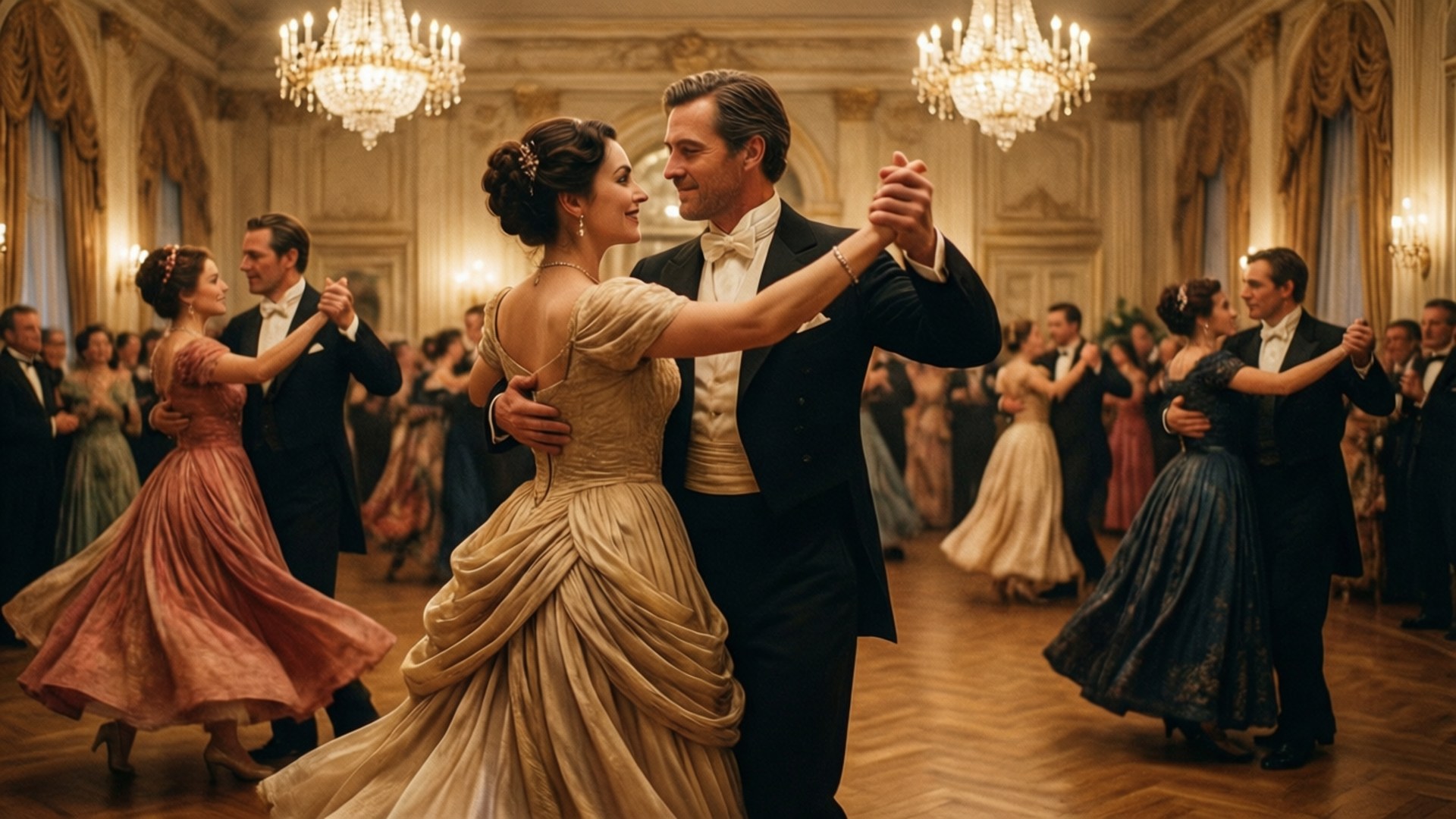 Grand Ballroom Dance 壁紙 — 優雅的情侶穿著正式禮服，在水晶吊燈下華麗的舞廳中優雅地跳華爾茲。