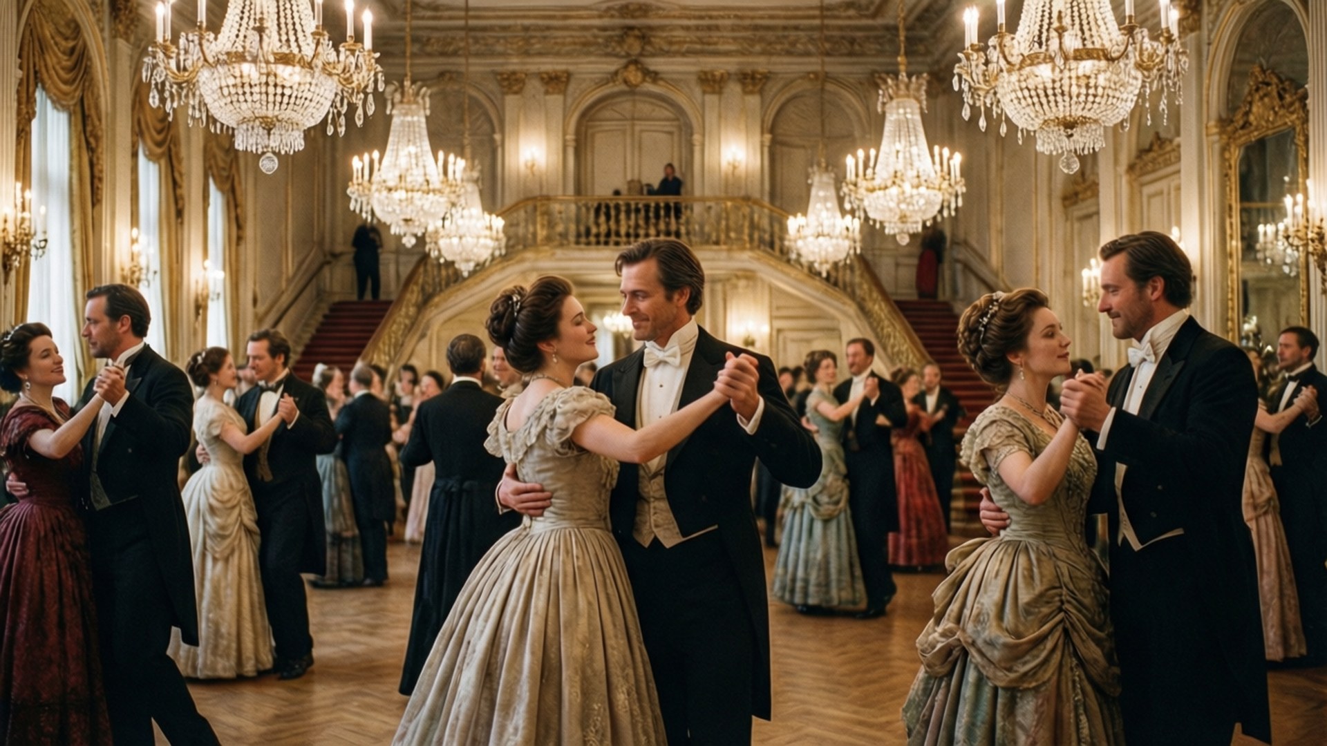 Victorian Grand Ballroom 壁紙 — 優雅的情侶穿著正式禮服，在華麗的宴會廳中，於宏偉的水晶吊燈下翩翩起舞。