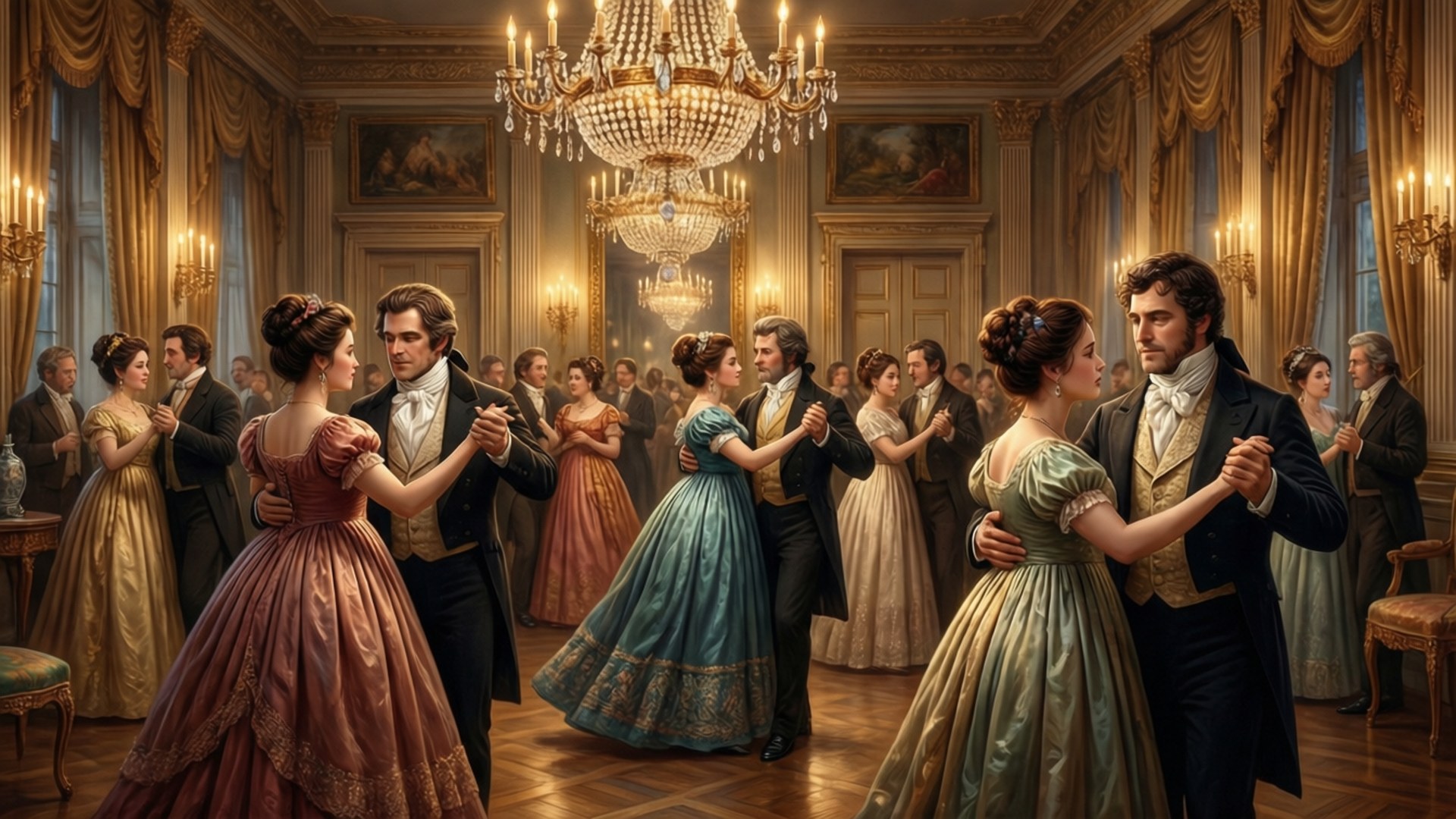 Regency Era 桌布 壁紙 — 優雅的情侶穿著時代服裝，在19世紀豪華舞廳的宏偉吊燈下優雅起舞。