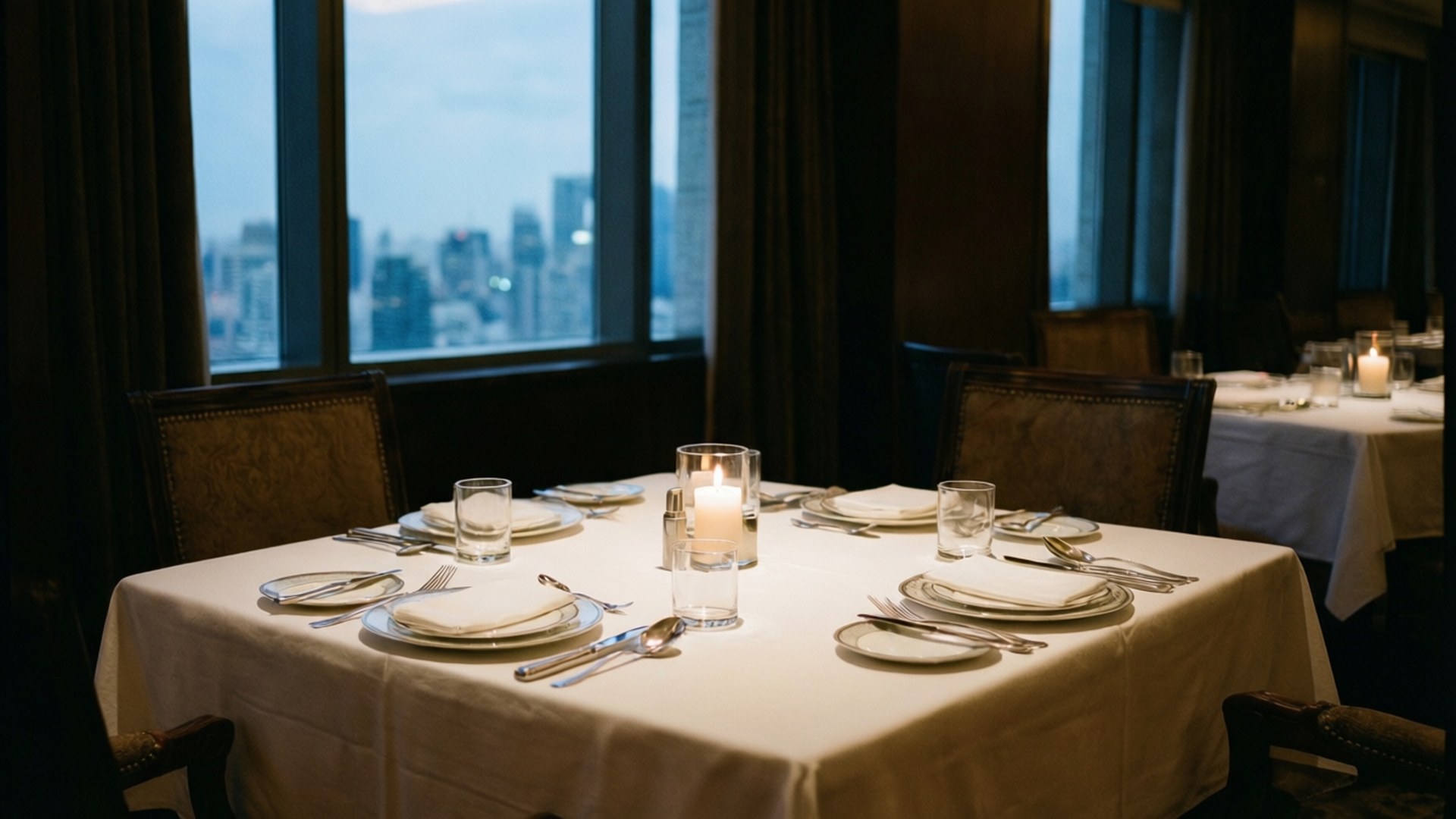 Fine Dining Room 壁紙 — 一張優雅佈置的餐桌，鋪著白色亞麻布和燭光，透過大窗戶在黃昏時俯瞰城市天際線。