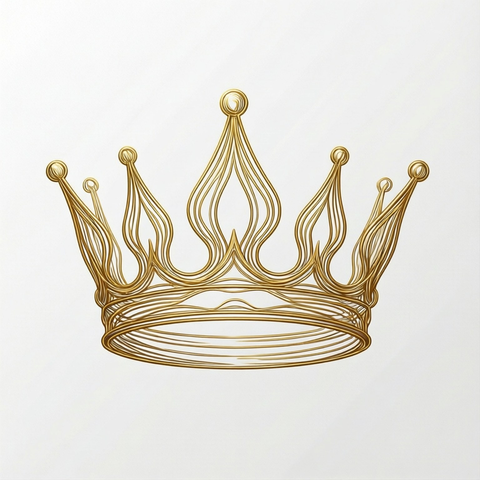 Line Art Crown 壁紙 — 一個優雅的金色線框皇冠，有五個尖拱和中央火焰狀尖頂，背景為柔和的白色。