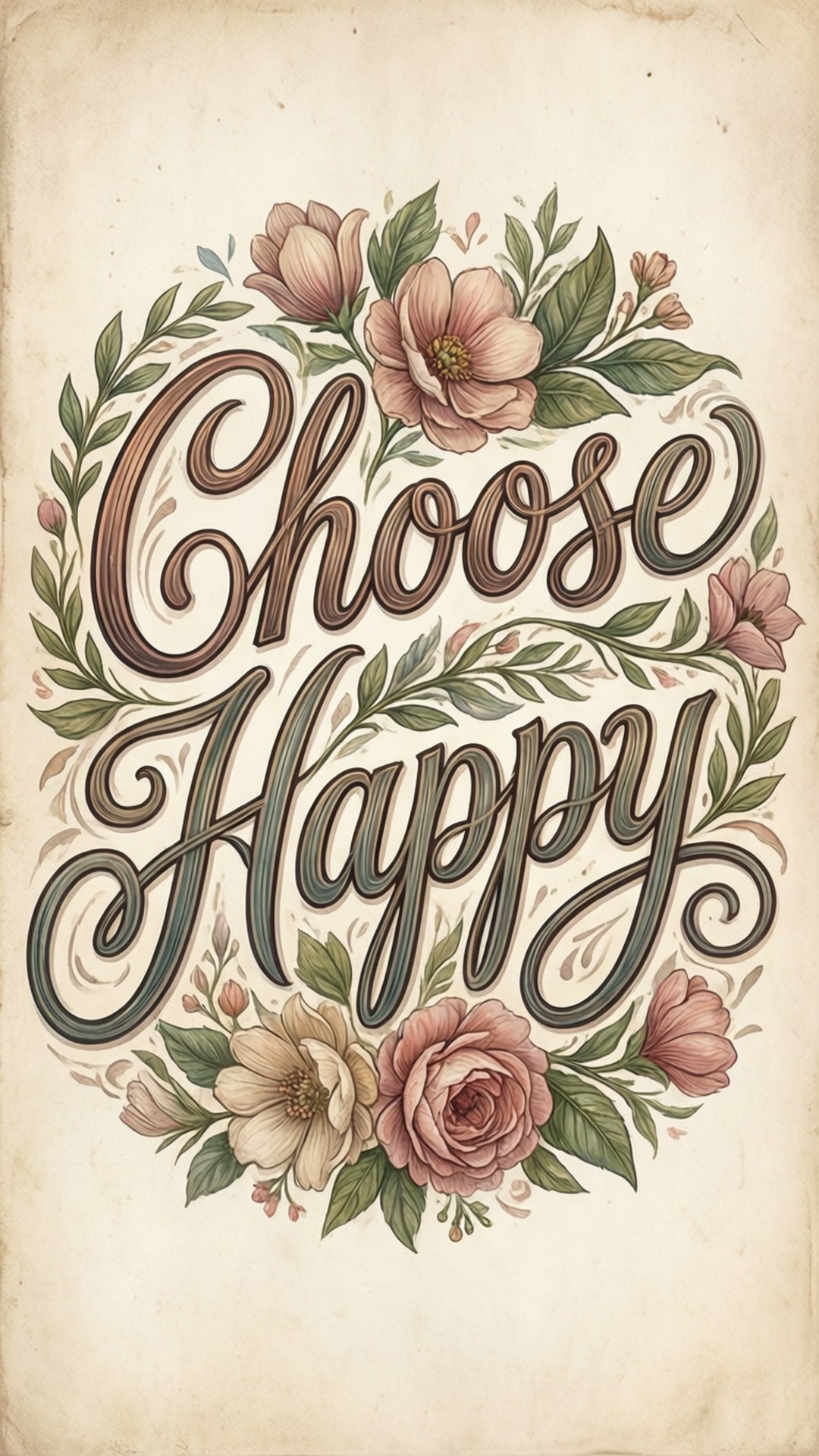 Choose Happy Script 壁紙 — 優雅復古字體寫著「Choose Happy」，周圍環繞著柔和的粉紅玫瑰和綠色葉子，在仿舊奶油色紙上。