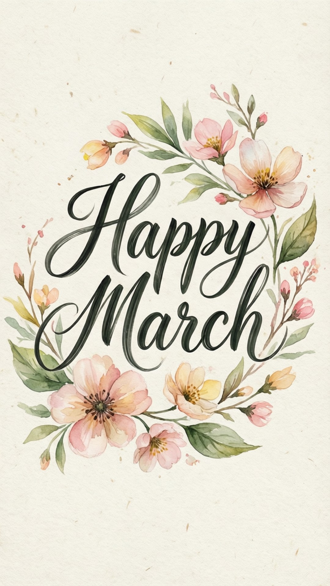 Happy March Calligraphy 壁紙 — 優雅的水彩花卉花環，粉紅色的桃花和綠葉環繞著草書文字 'Happy March'，位於紋理奶油色紙上。