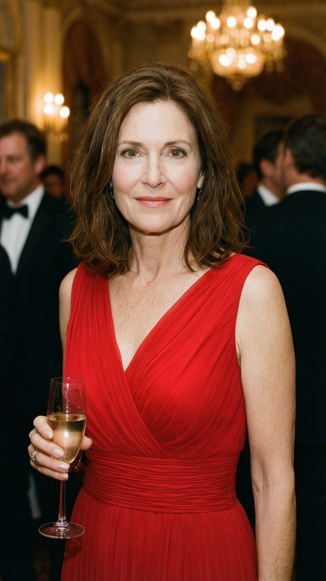 Elegant in Red 壁紙 — 一位優雅的女士穿著鮮豔的紅色連衣裙，在閃爍的水晶吊燈下於一場高雅的晚會中手持香檳杯。