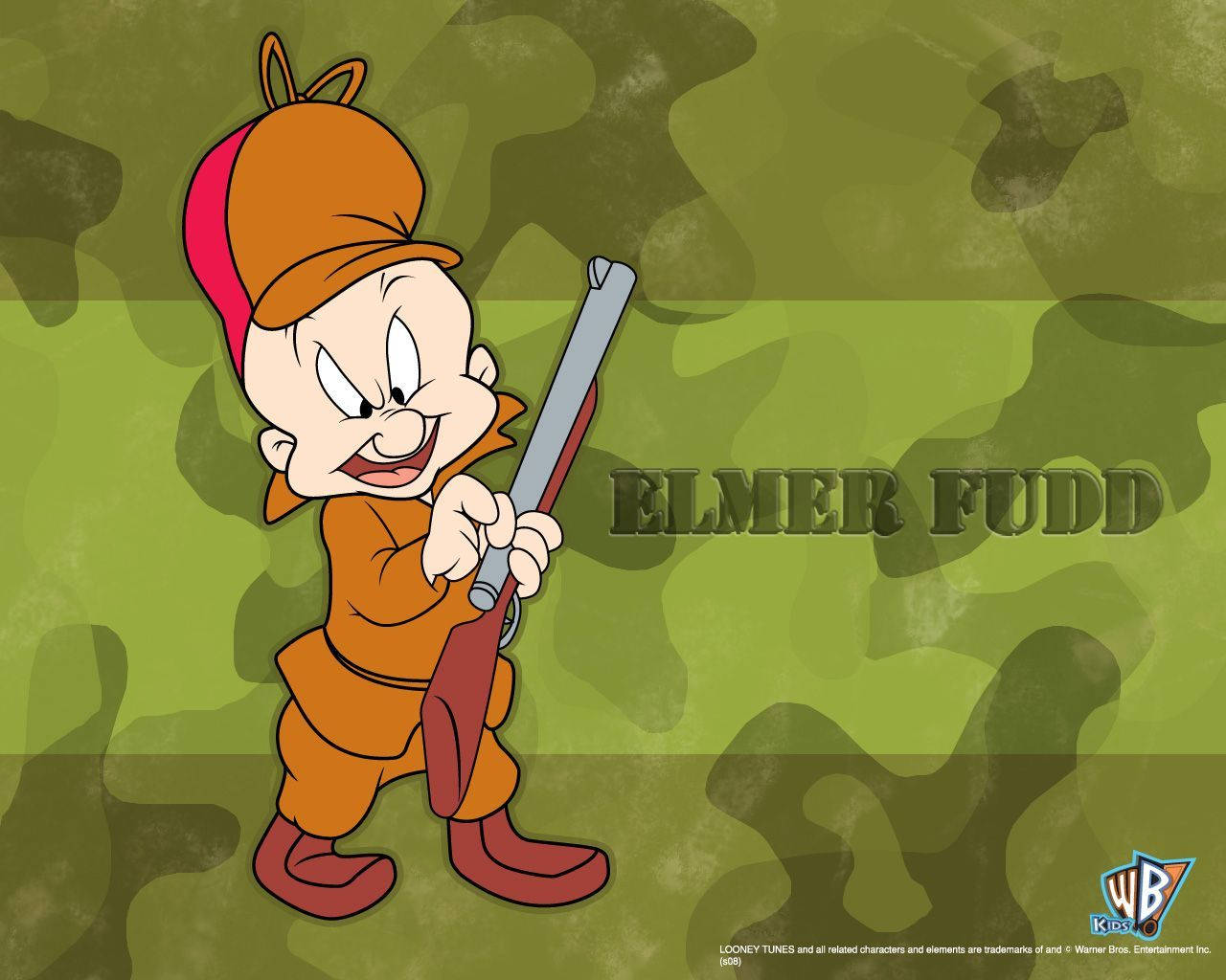 Elmer 桌布 壁紙 — Elmer Fudd 身穿橙色狩獵裝備，手持步槍，在綠色迷彩背景下咧嘴笑。