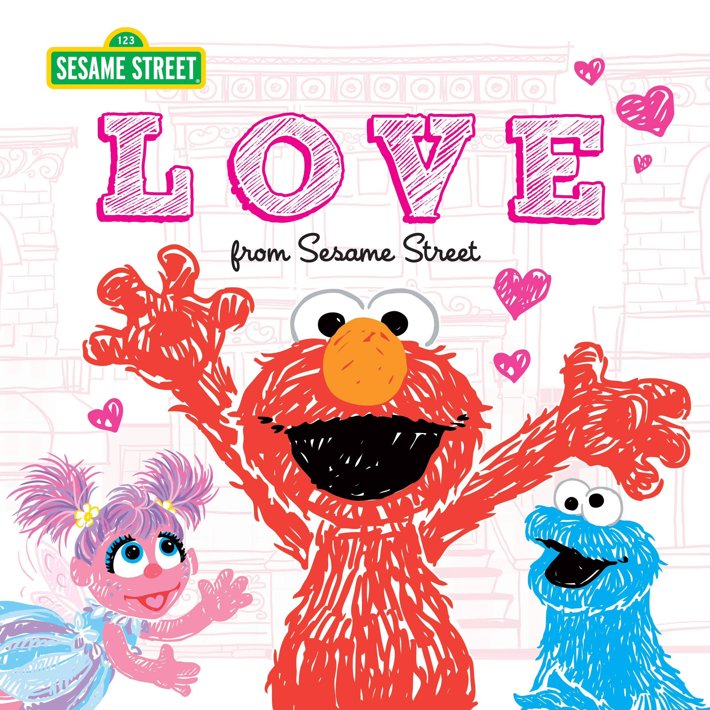 Elmo 桌布 壁紙 — Elmo、Abby 和 Cookie Monster 在芝麻街背景下以粉紅色心形愉快地慶祝愛情。