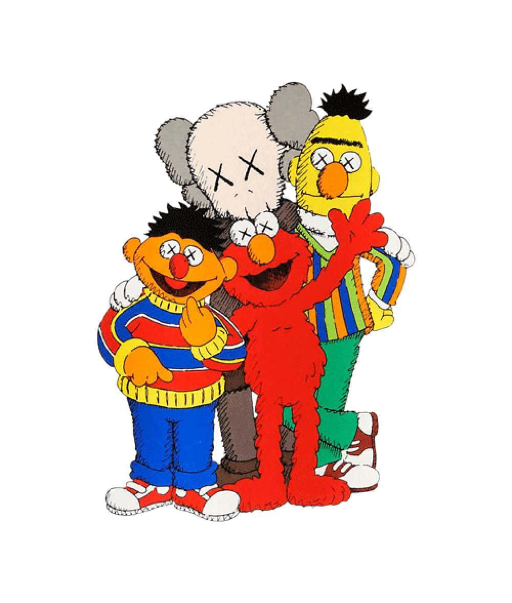 Sesame Street 桌布 壁紙 — Elmo、Bert、Ernie 和 KAWS 角色以彩色卡通風格一起擺姿勢，眼睛呈 X 形。