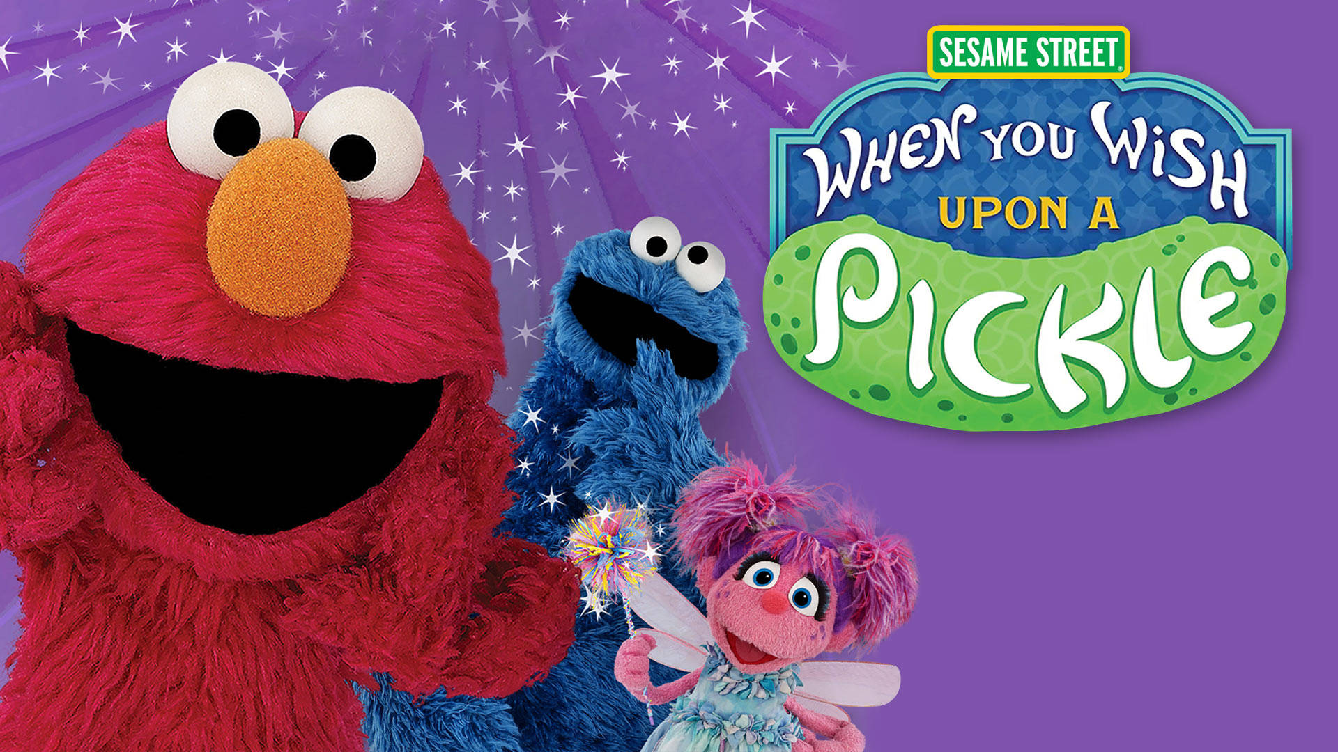 Sesame Street 桌布 壁紙 — Elmo Cookie Monster 和 Abby Cadabby 在閃爍的紫色星空背景和 Sesame Street 標題卡前燦爛微笑。