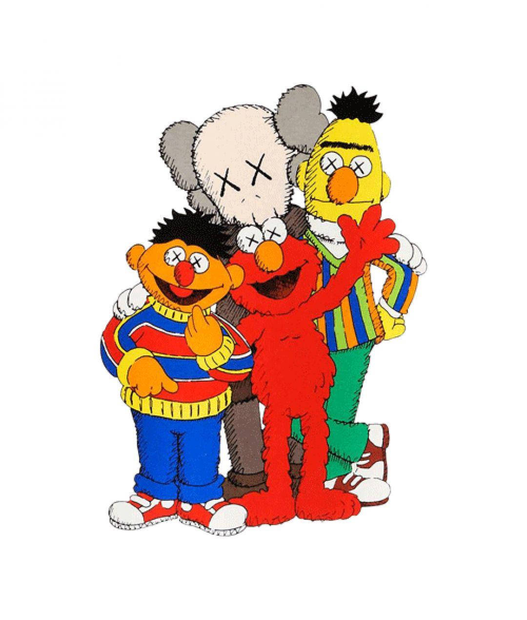 Uniqlo 桌布 壁紙 — Elmo、Ernie 和 Bert 與 KAWS 角色一起站在色彩繽紛的卡通插圖中。