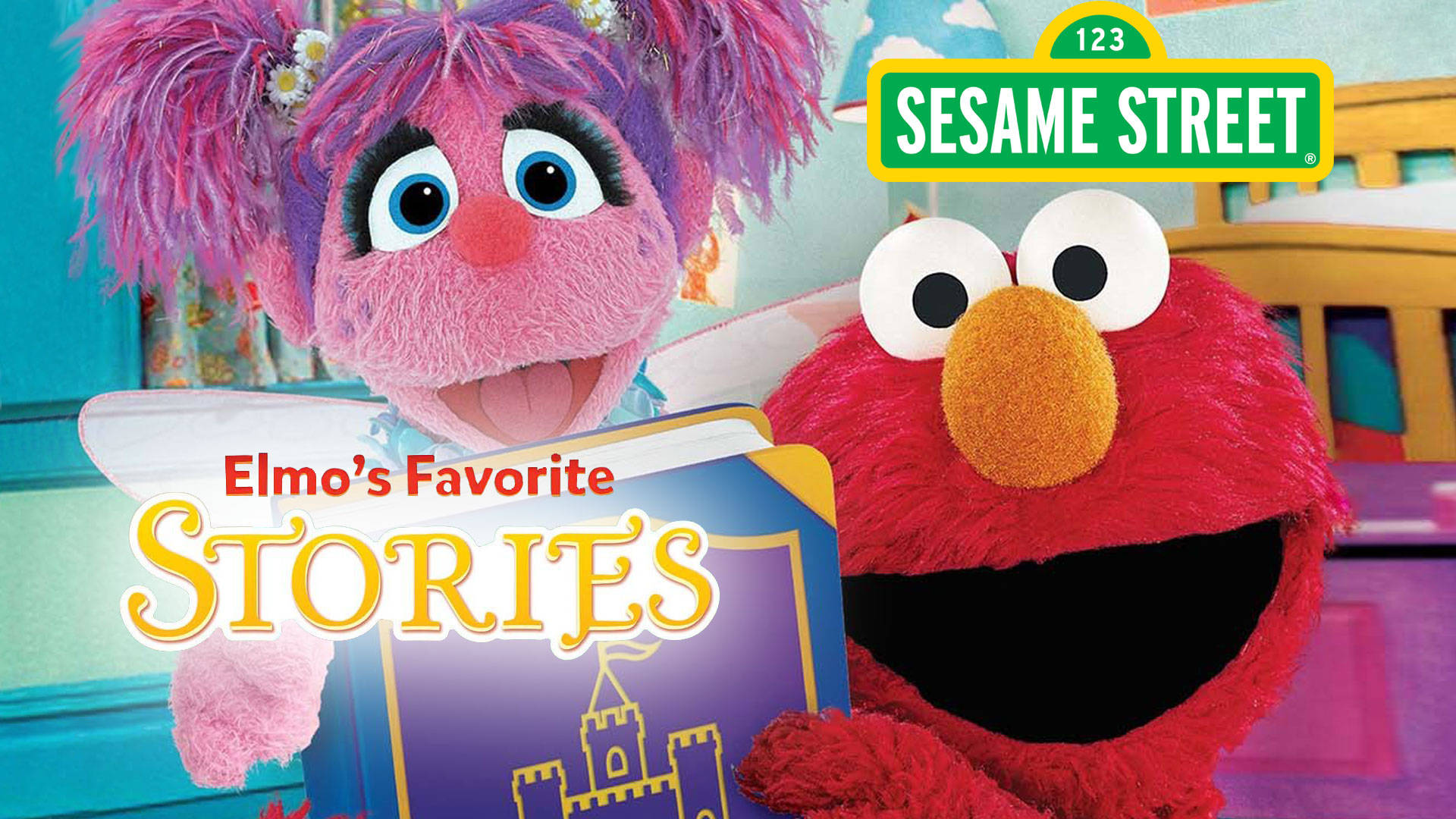 Elmo 桌布 壁紙 — Elmo 和 Abby Cadabby 愉快地拿著一本名為 Elmo's Favorite Stories 的故事書，背景是色彩繽紛的 Sesame Street。