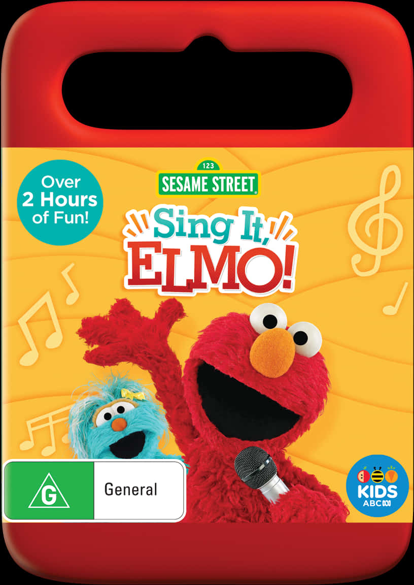 Elmo 桌布 壁紙 — Elmo 和 Abby Cadabby 在充滿音符的亮黃色背景前，對著麥克風歡快地唱歌。