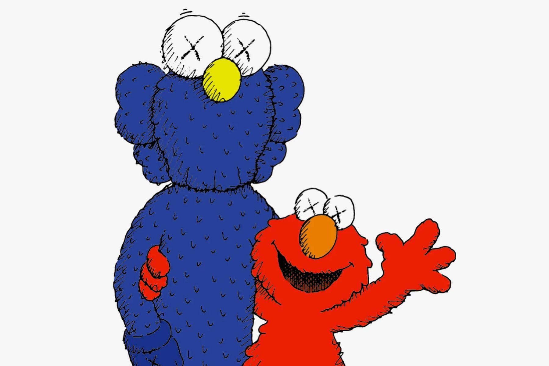Uniqlo 桌布 壁紙 — Elmo 和 Cookie Monster 以 X 眼睛在純白背景前愉快地揮手，風格化的卡通繪畫。