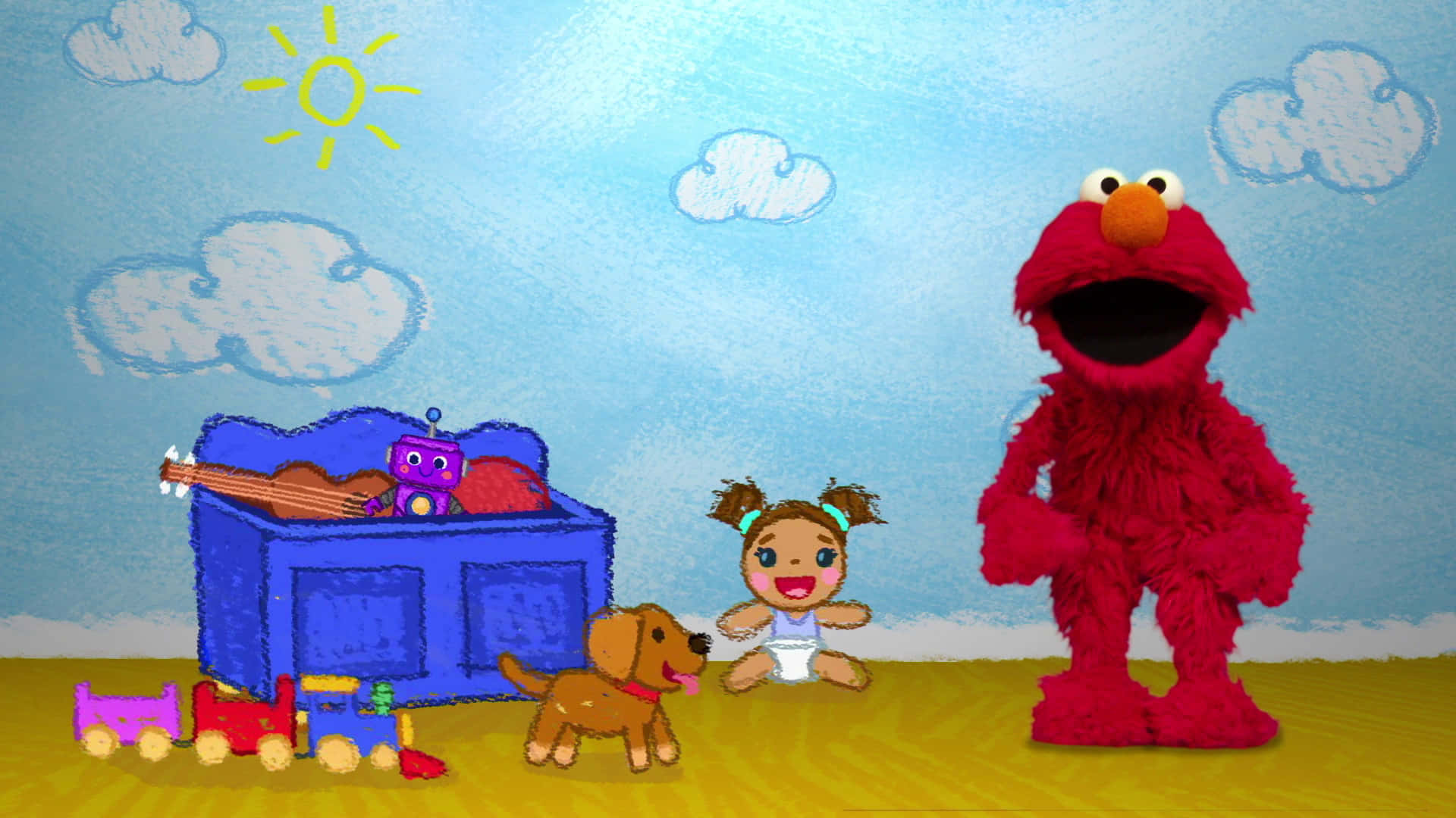 Elmo 桌布 壁紙 — Elmo 和一個微笑的女嬰在陽光明媚的天空下玩玩具，以兒童蠟筆風格繪製。