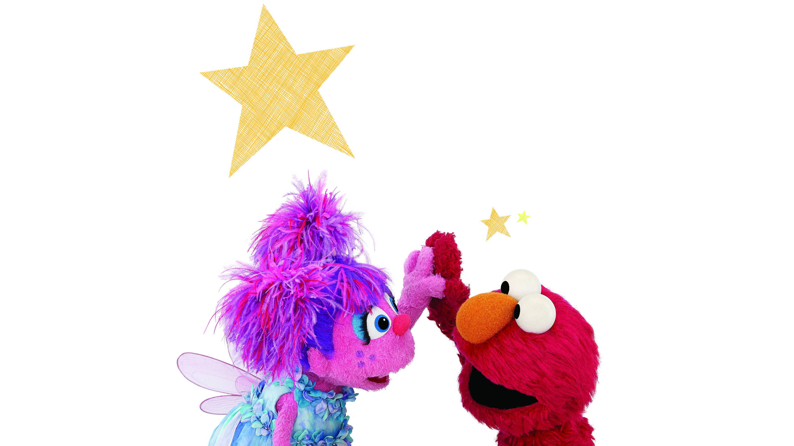 Elmo 桌布 壁紙 — Elmo 和一個紫色仙女木偶在純白背景上伸手觸摸發光的黃色星星。