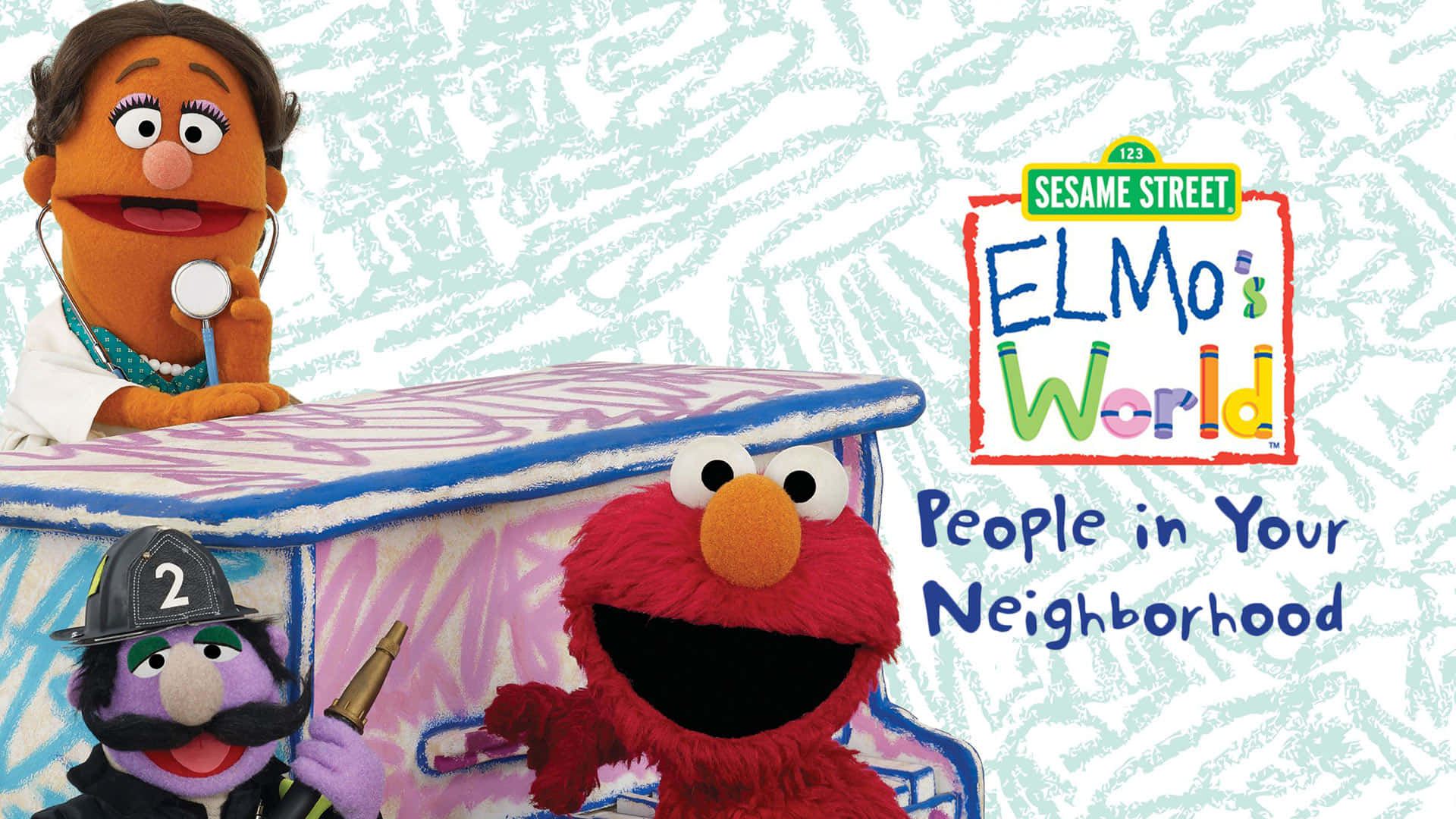 Elmo 桌布 壁紙 — Elmo 和朋友們在色彩繽紛的芝麻街醫療玩具套裝中，配有醫生公仔和消防員公仔。
