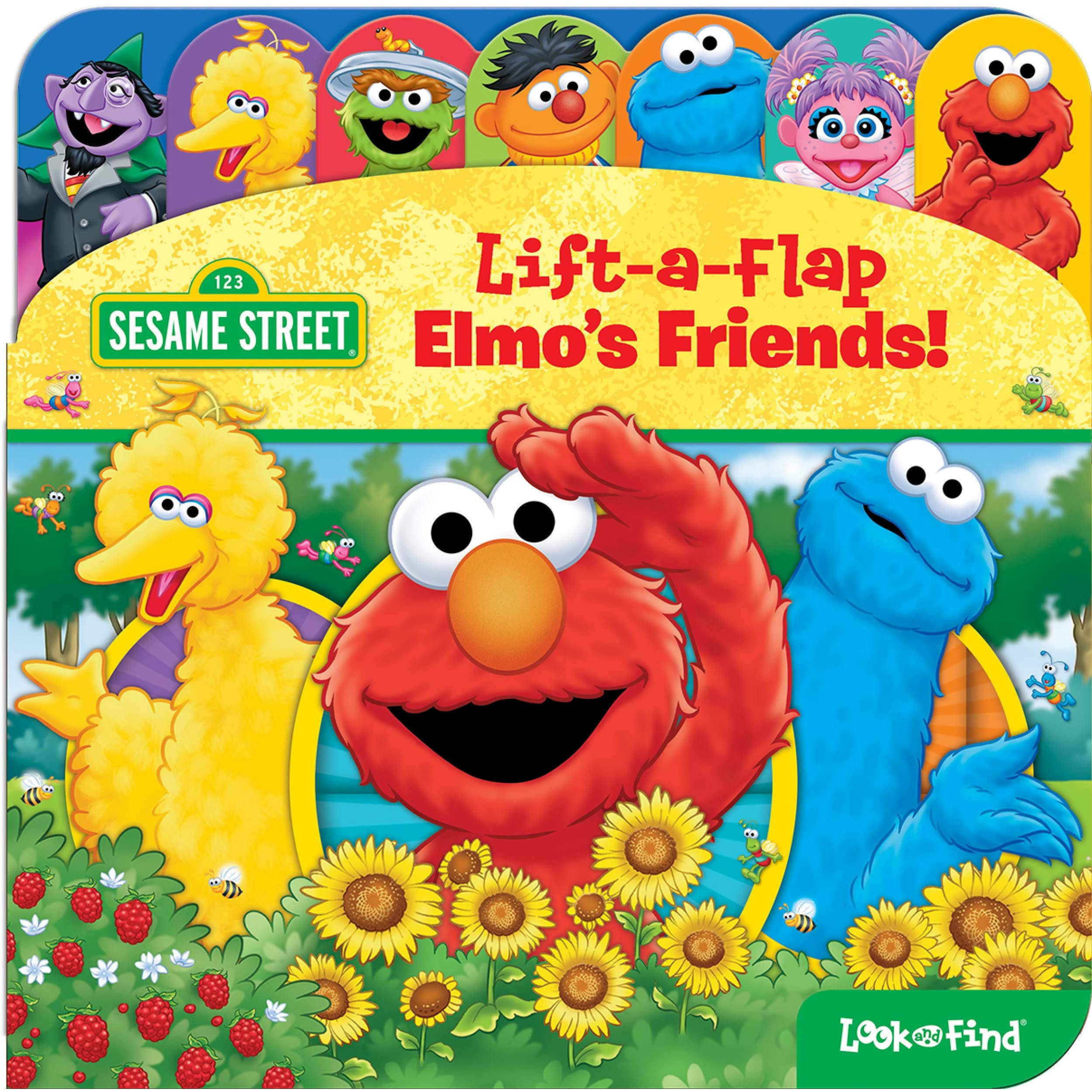Elmo 桌布 壁紙 — Elmo 和芝麻街的朋友們在向日葵田裡，有草莓和蜜蜂，在明亮的藍天下開心地微笑。