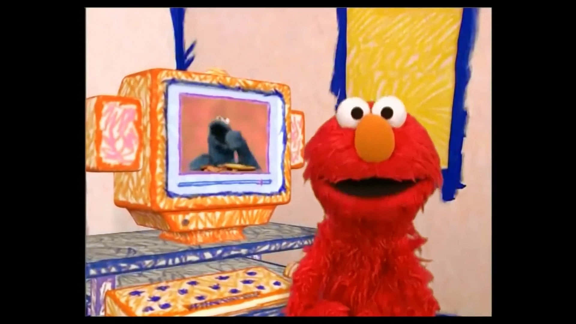 Elmo 桌布 壁紙 — Elmo 在一個充滿童趣的插圖房間裡，看著一部色彩繽紛的手繪電視播放卡通。