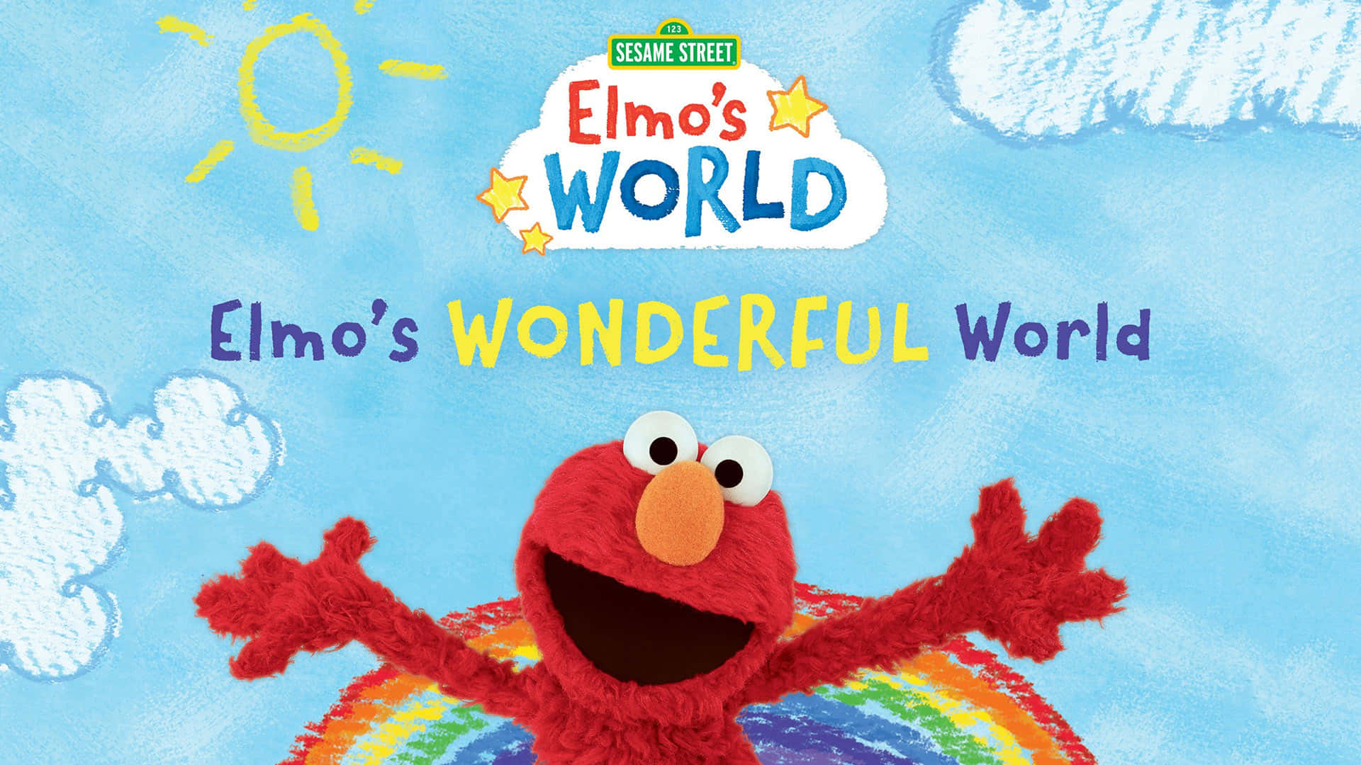 Elmo 桌布 壁紙 — Elmo 在明亮的太陽和彩虹下，對著愉快的藍天開心地張開雙臂。