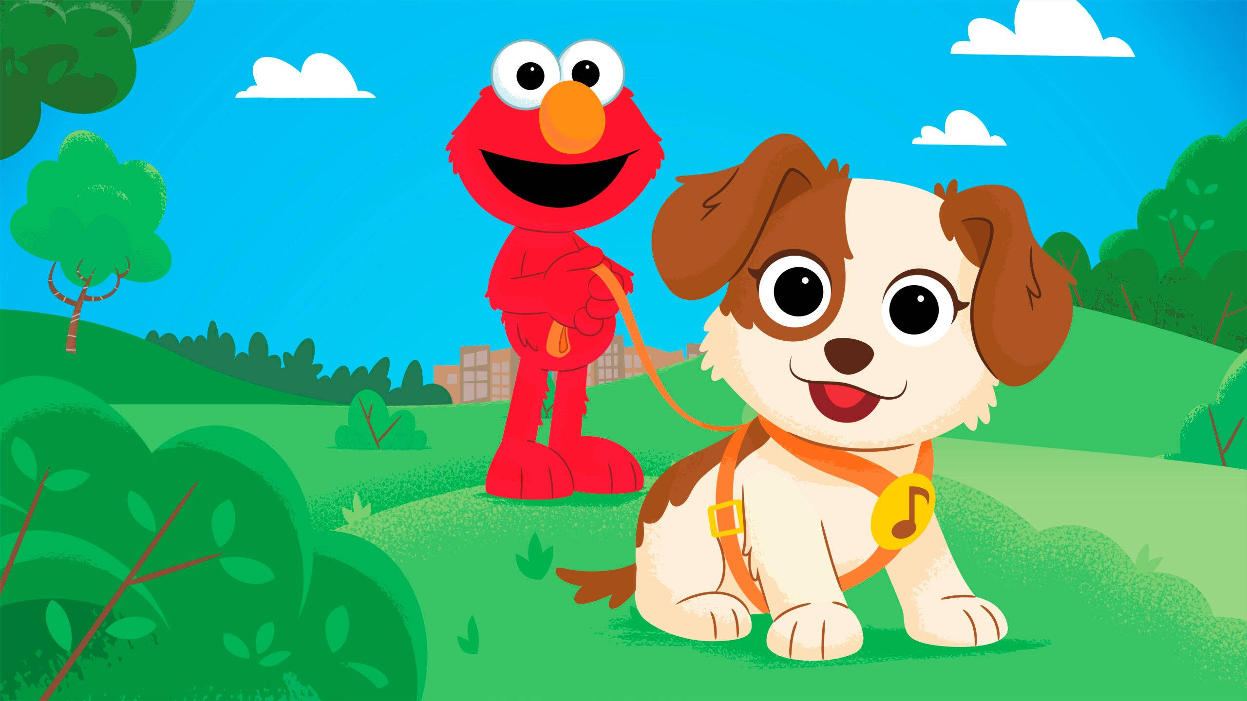 Elmo 桌布 壁紙 — Elmo 在晴朗的藍天下，用狗繩牽著一隻快樂的棕白色小狗，穿過一個翠綠的公園。