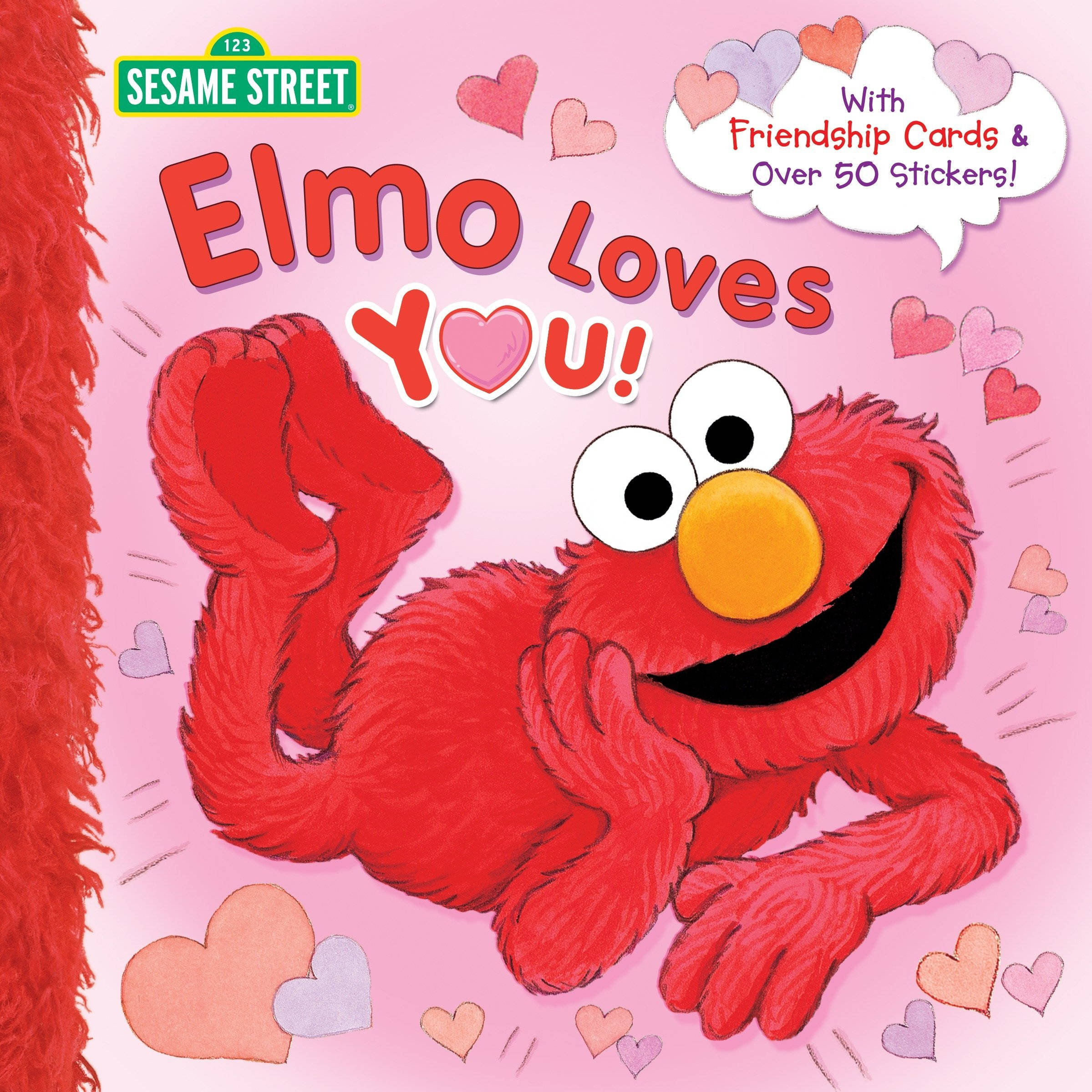 Elmo 桌布 壁紙 — Elmo 在粉紅色背景上被心形環繞，在芝麻街書封面上快樂地微笑。