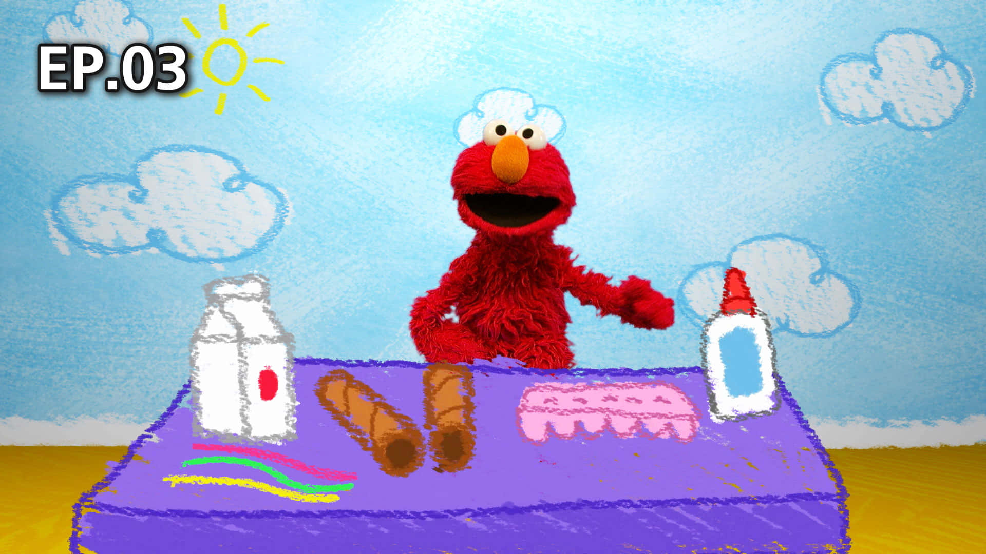 Elmo 桌布 壁紙 — Elmo 在紫色桌子旁開心地吃著零食，頭頂有太陽和雲朵，是一幅歡樂的卡通場景。