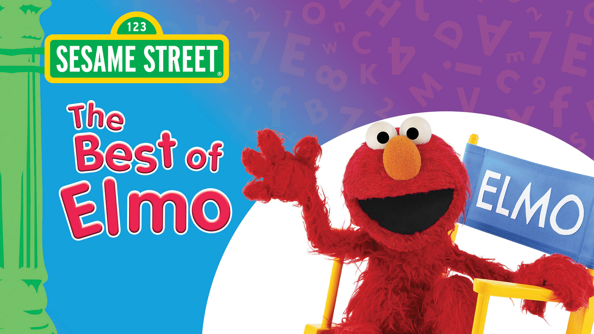 Elmo 桌布 壁紙 — Elmo 在色彩繽紛的芝麻街背景和漂浮字母前，在導演椅上開心地揮手。