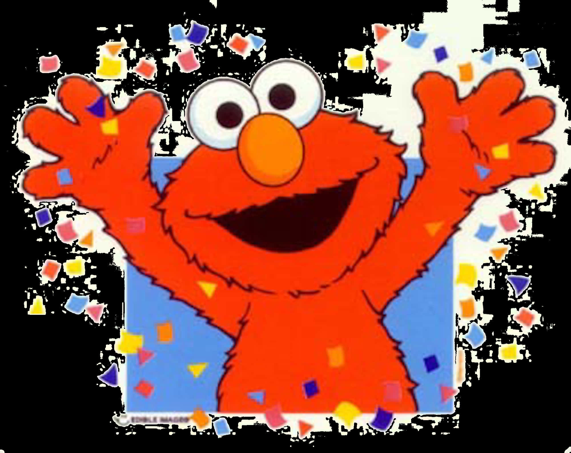 Elmo 桌布 壁紙 — Elmo 在藍色背景上，於五彩紙屑中高興地舉起雙臂。