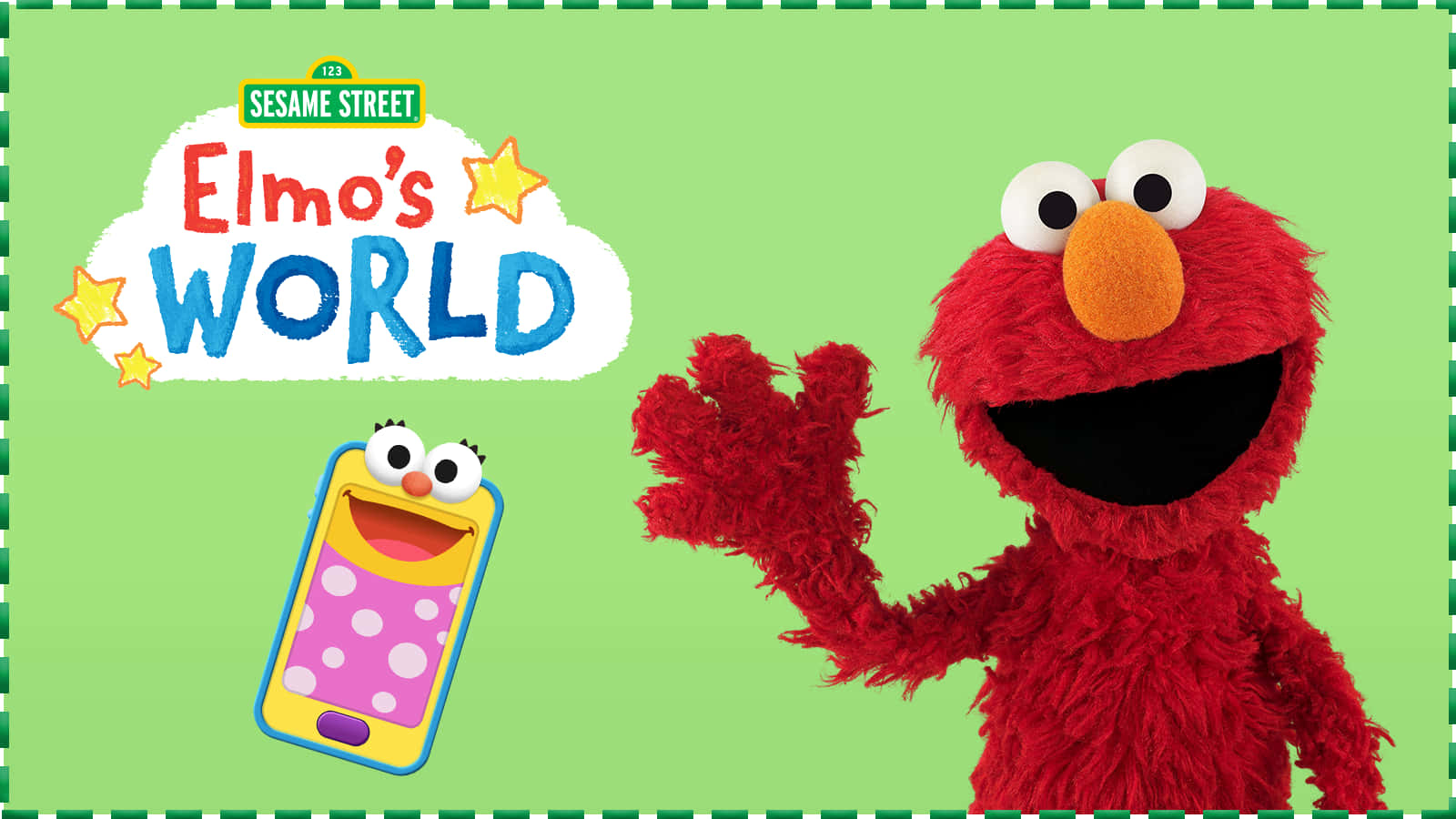Elmo 桌布 壁紙 — Elmo 在鮮綠色背景上，在卡通電話和 'Elmo's World' 標誌旁邊開心地揮手。