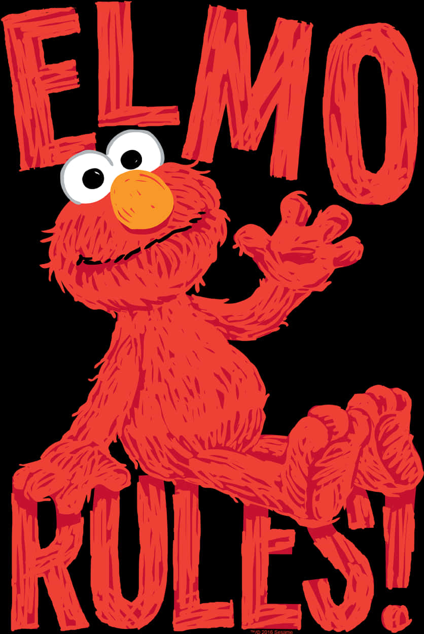 Elmo 桌布 壁紙 — Elmo 在黑色背景上以粗體紅色文字愉快地揮手，並以風格化字體寫著「ELMO RULES!」。